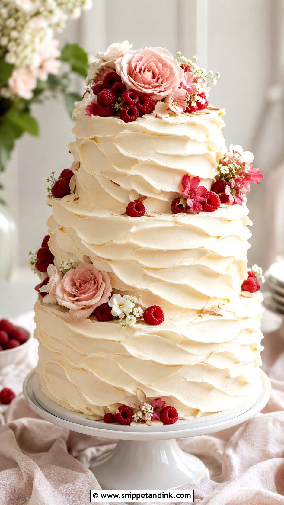 Almond Raspberry Ruffle Wedding Cake - Snippet and Ink - 25 Almond Raspberry Wedding Cake Ideas