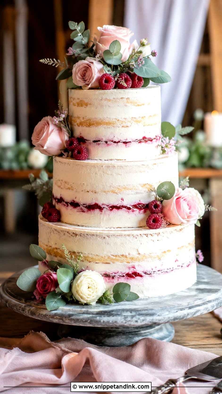 Almond Raspberry Semi Naked Wedding Cake - Snippet and Ink - 25 Almond Raspberry Wedding Cake Ideas