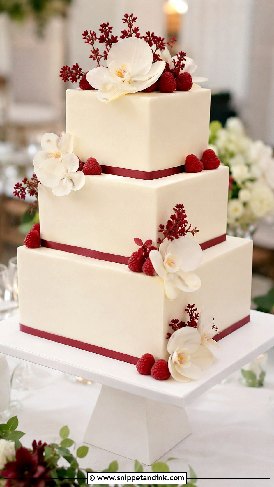 Almond Raspberry Square Wedding Cake - Snippet and Ink - 25 Almond Raspberry Wedding Cake Ideas