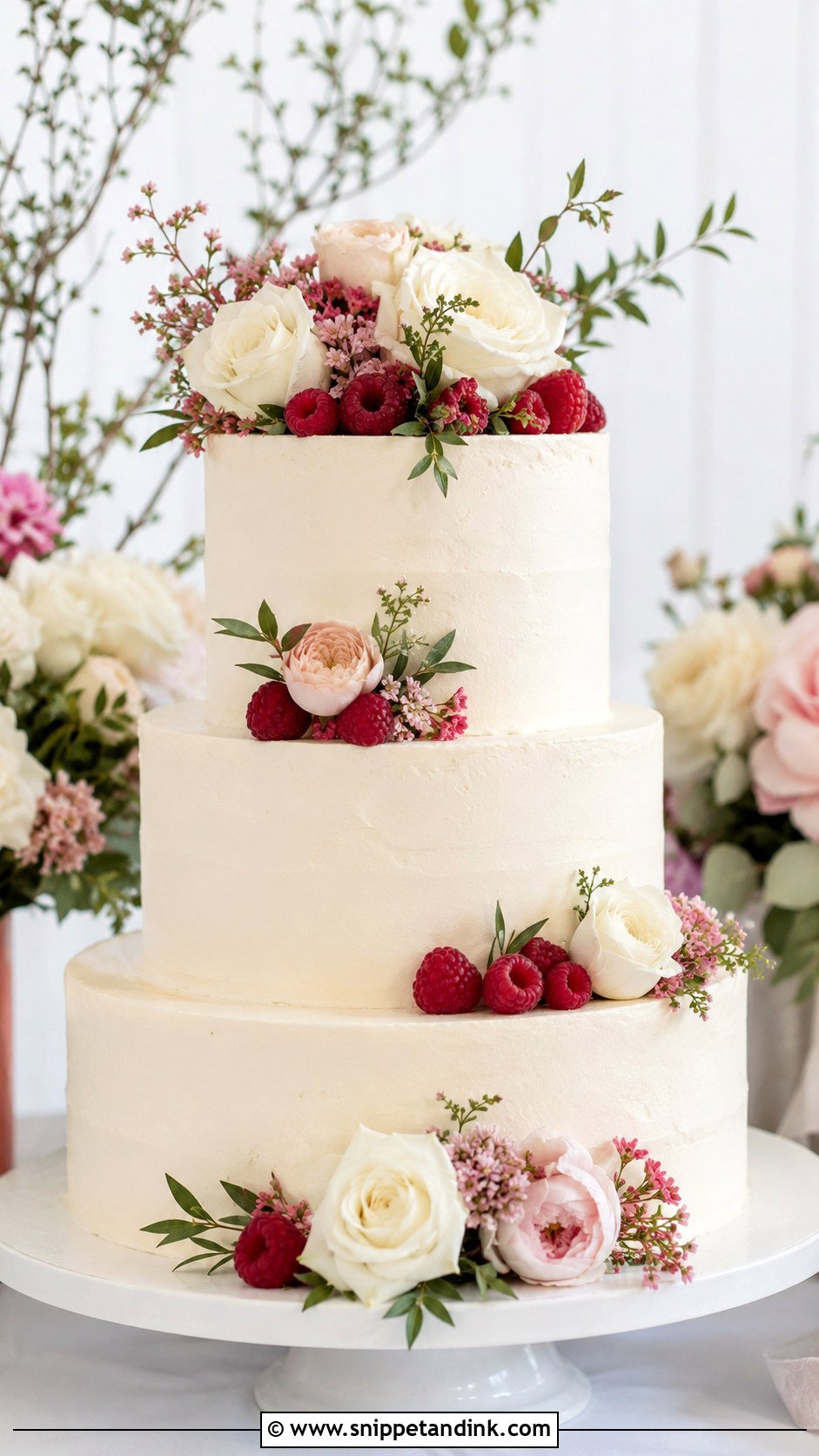 Almond Raspberry Three Tier Wedding Cake - Snippet and Ink - 25 Almond Raspberry Wedding Cake Ideas