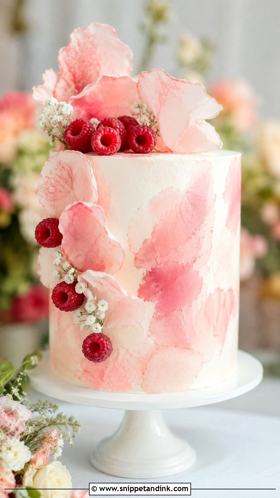 Almond Raspberry Watercolor Wedding Cake - Snippet and Ink - 25 Almond Raspberry Wedding Cake Ideas