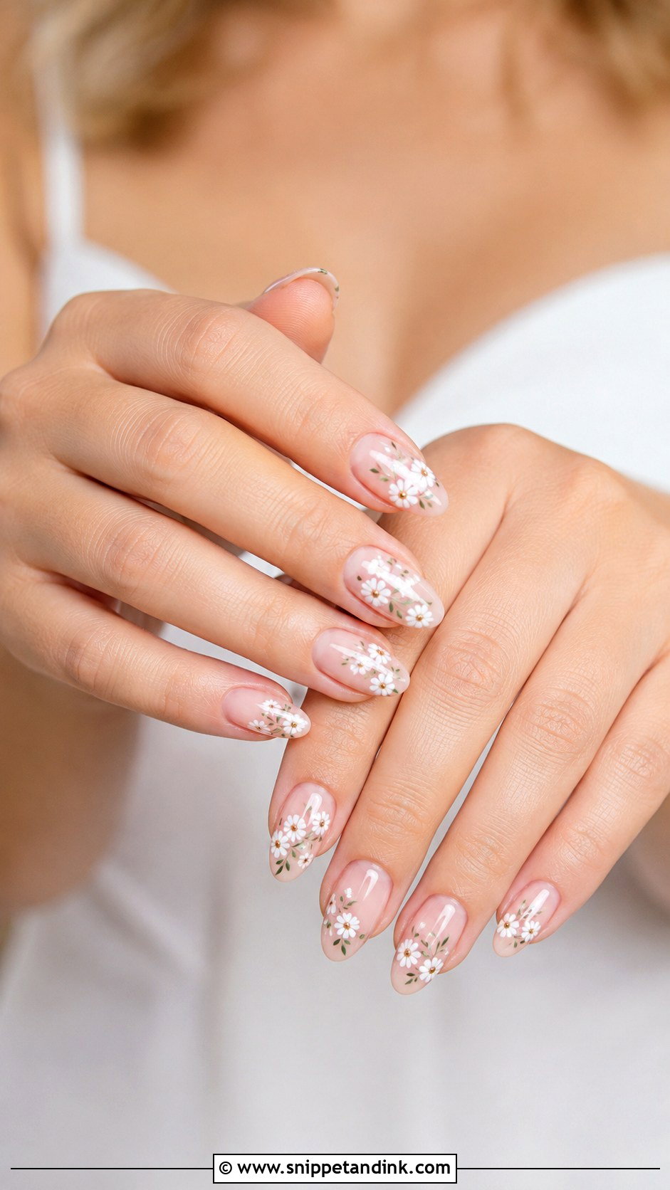 Almond Wedding Nails With White Flowers - Snippet and Ink - 30 Nail Art for Wedding Ideas