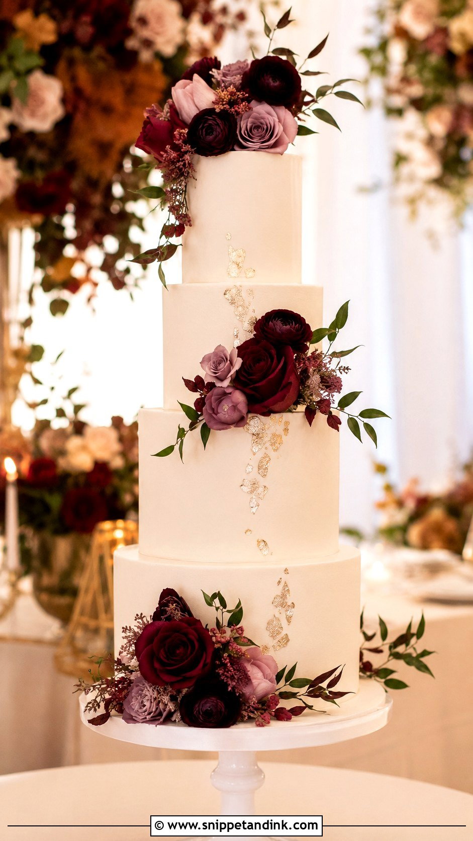 Autumn Wedding Cake With Burgundy Flowers - Snippet and Ink - 20 Autumn Wedding Cake Ideas