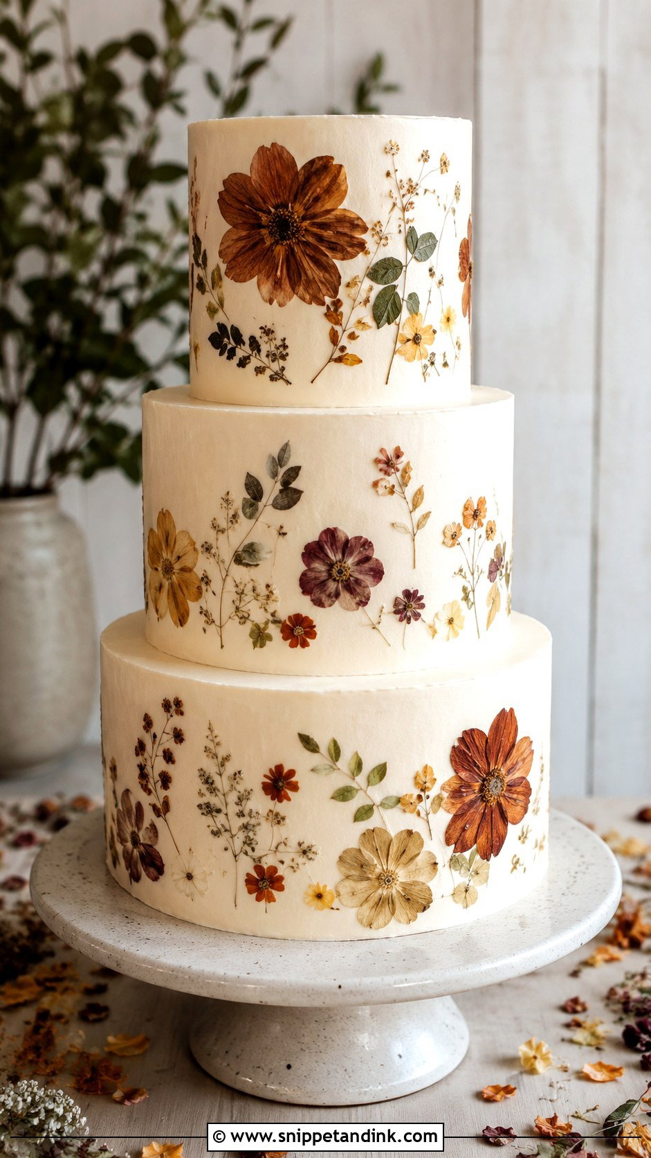 Autumn Wedding Cake With Pressed Flowers - Snippet and Ink - 20 Autumn Wedding Cake Ideas