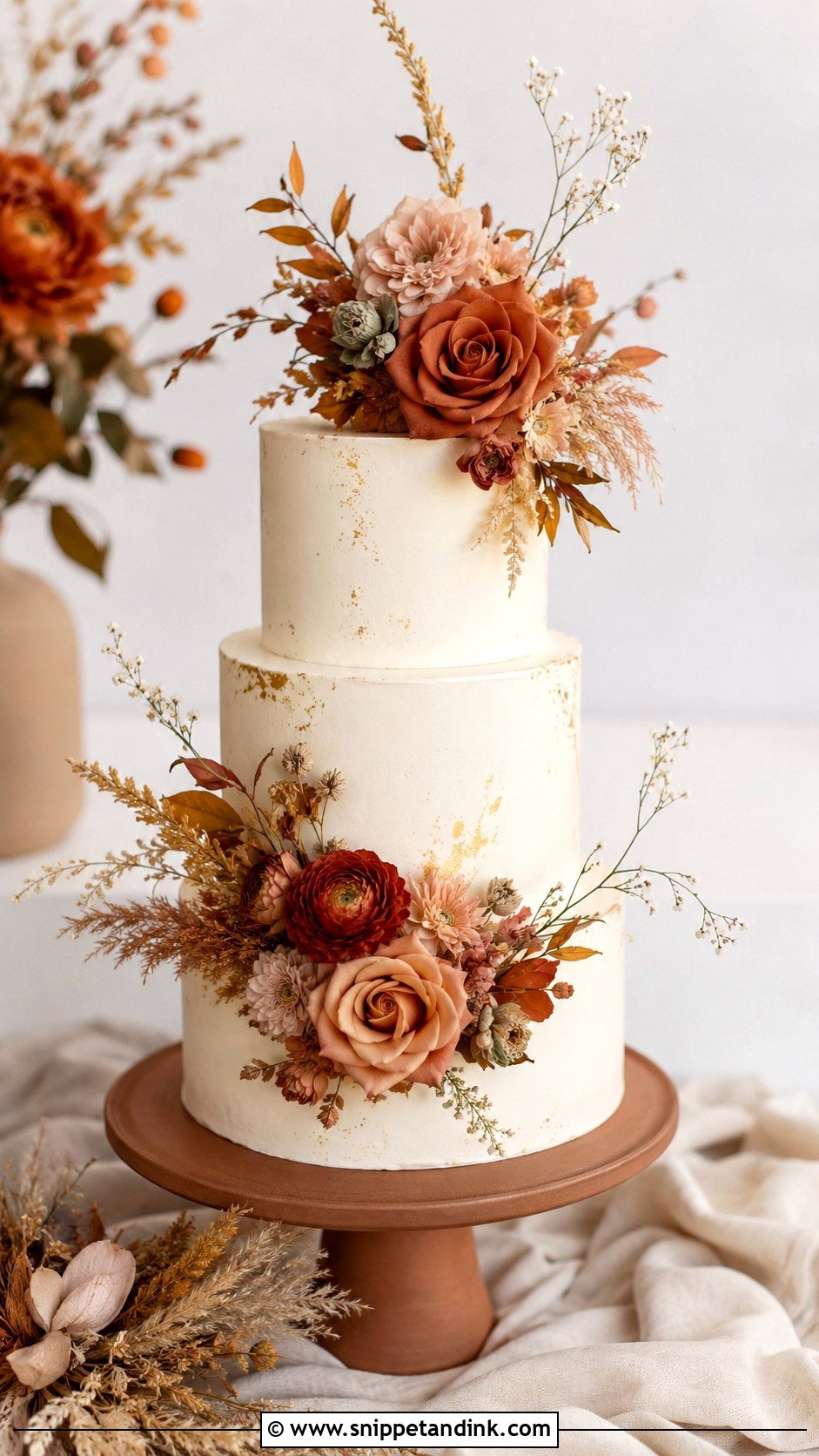 Autumn Wedding Cake With Terracotta Flowers - Snippet and Ink - 20 Autumn Wedding Cake Ideas