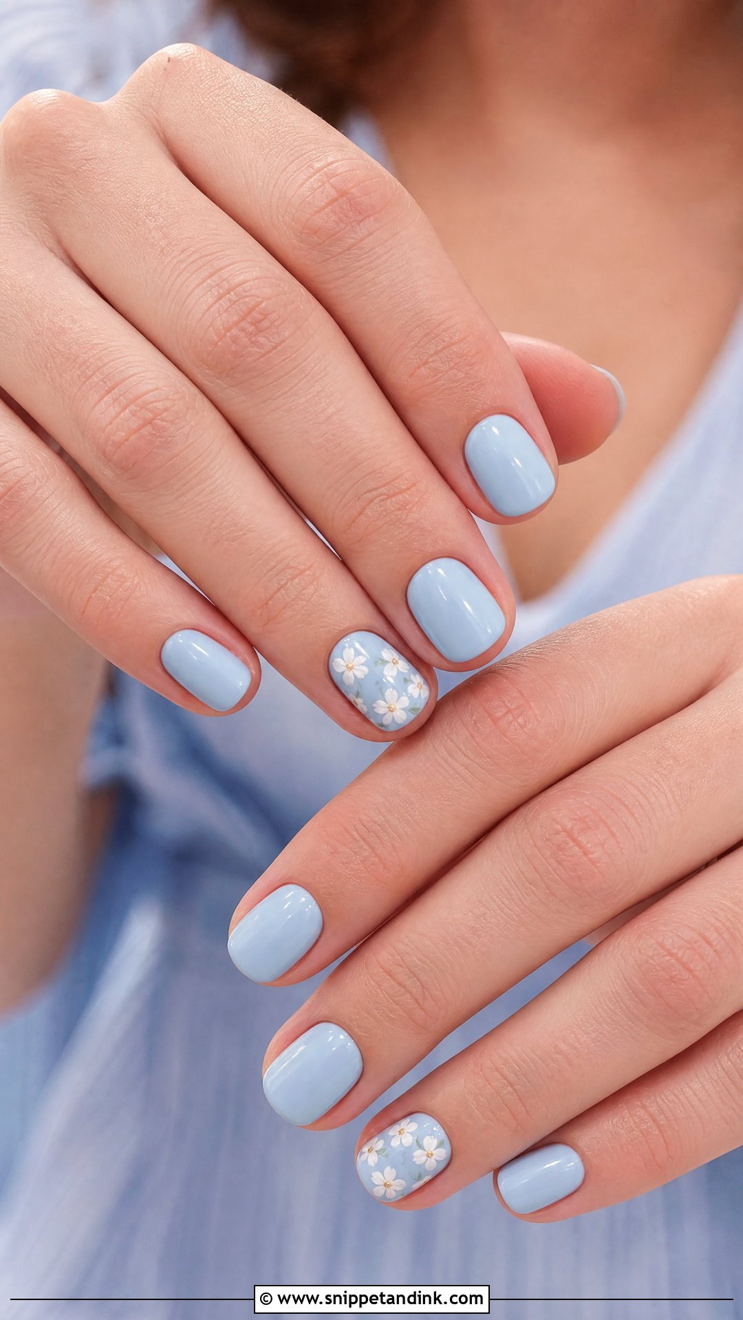 Baby Blue Nails With White Flowers - Snippet and Ink - 20 Nail Inspo for Wedding Guest Ideas