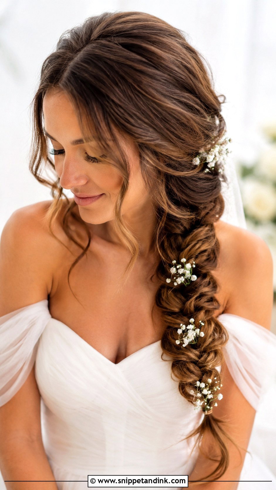 Baby Breath Fishtail Braid Wedding Hair - Snippet and Ink - 15 Wedding Hair with Baby Breath Ideas