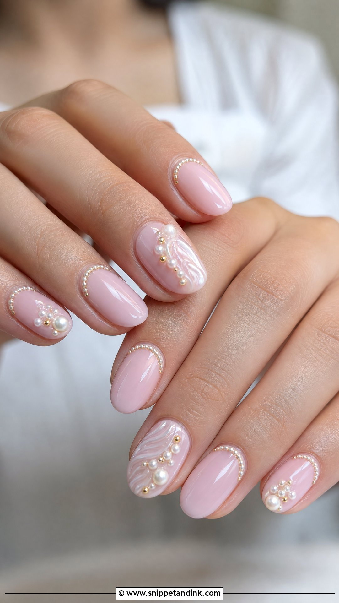 Baby Pink Bridal Nails With Pearl Details - Snippet and Ink - 25 Indian Pink Bridal Nail Art Ideas