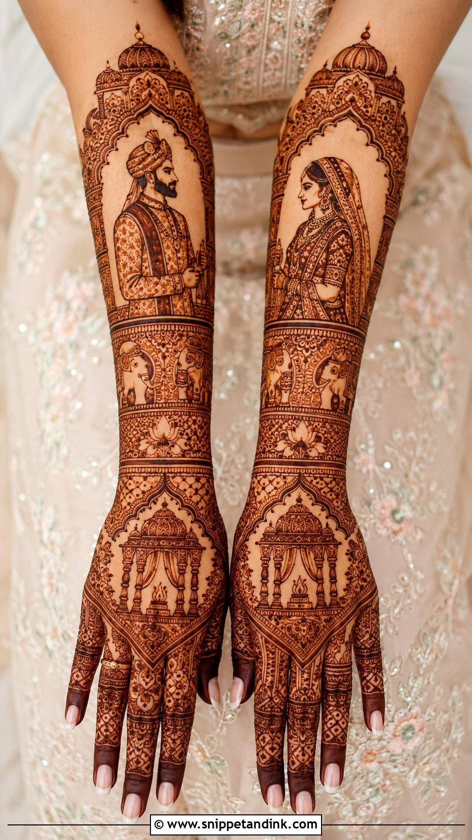 Back Hand Bridal Mehndi Design With Bride Groom Art - Snippet and Ink - 30 Back Hand Bridal Mehndi Designs