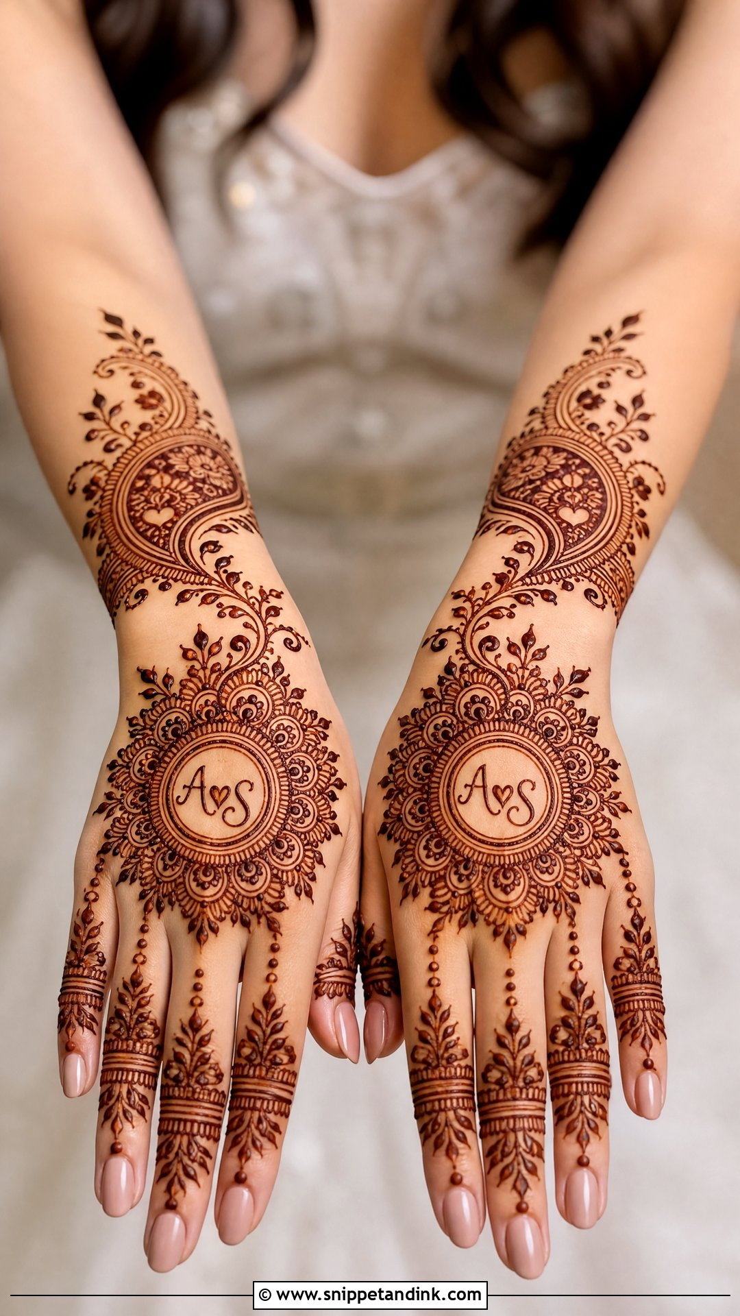 Back Hand Bridal Mehndi With Initials - Snippet and Ink - 30 Bridal Back Hand Mehndi Design Ideas