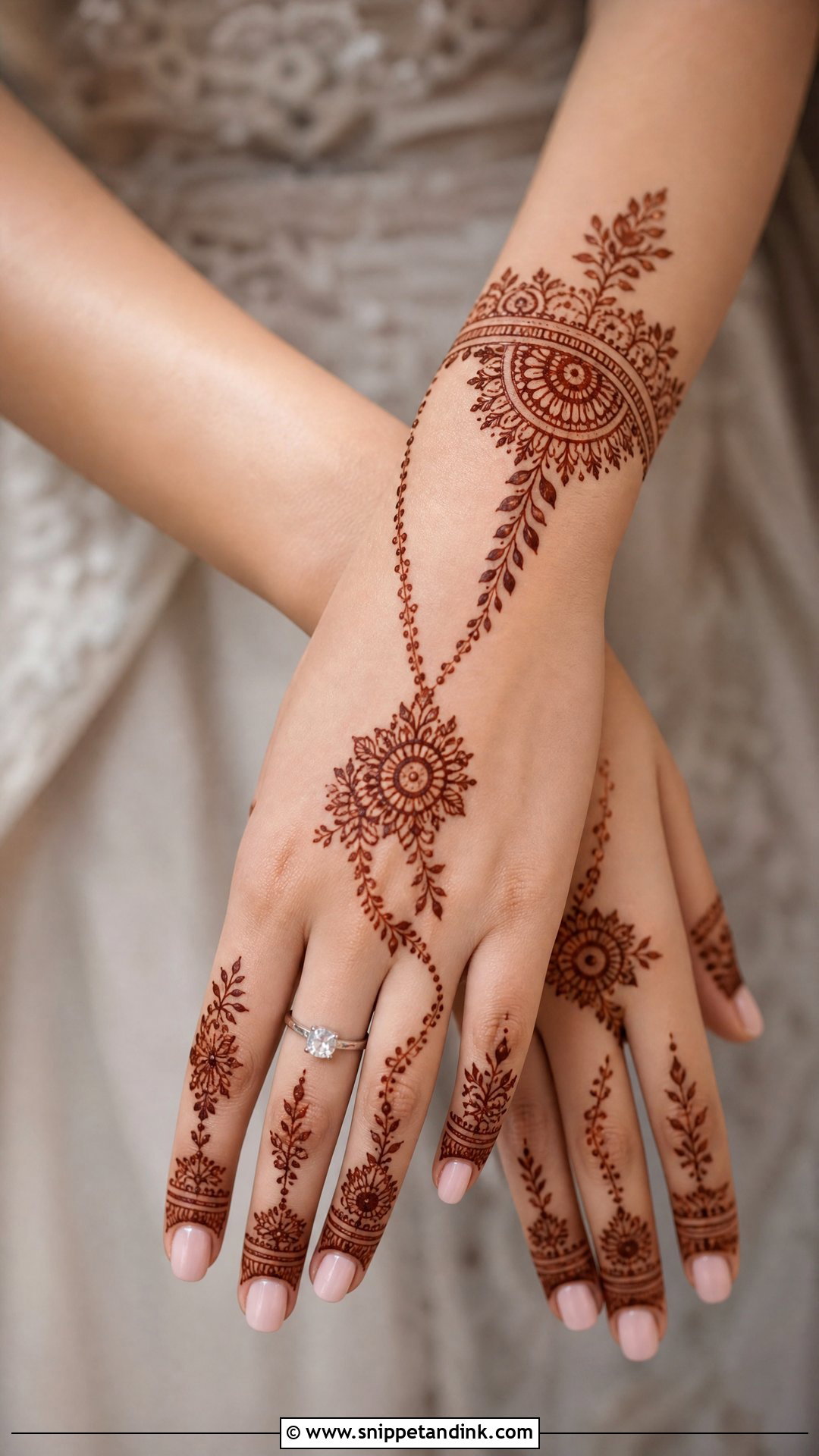 Back Hand Bridal Mehndi With Ring Detail - Snippet and Ink - 20 Back Bridal Engagement Mehndi Designs