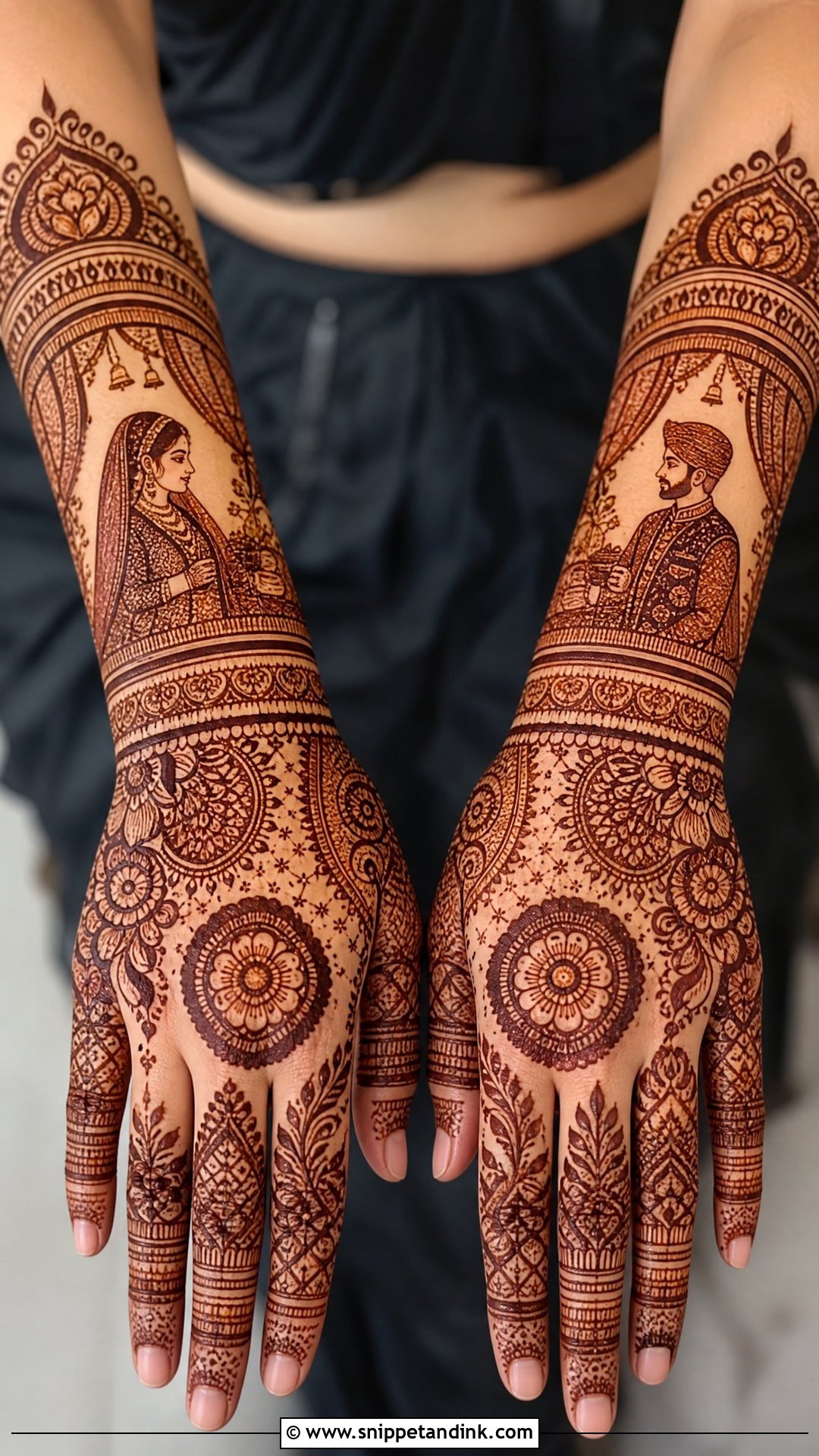 Back Hand Mehndi Design With Bride Groom Art - Snippet and Ink - 20 Latest Bridal Back Hand Mehndi Designs