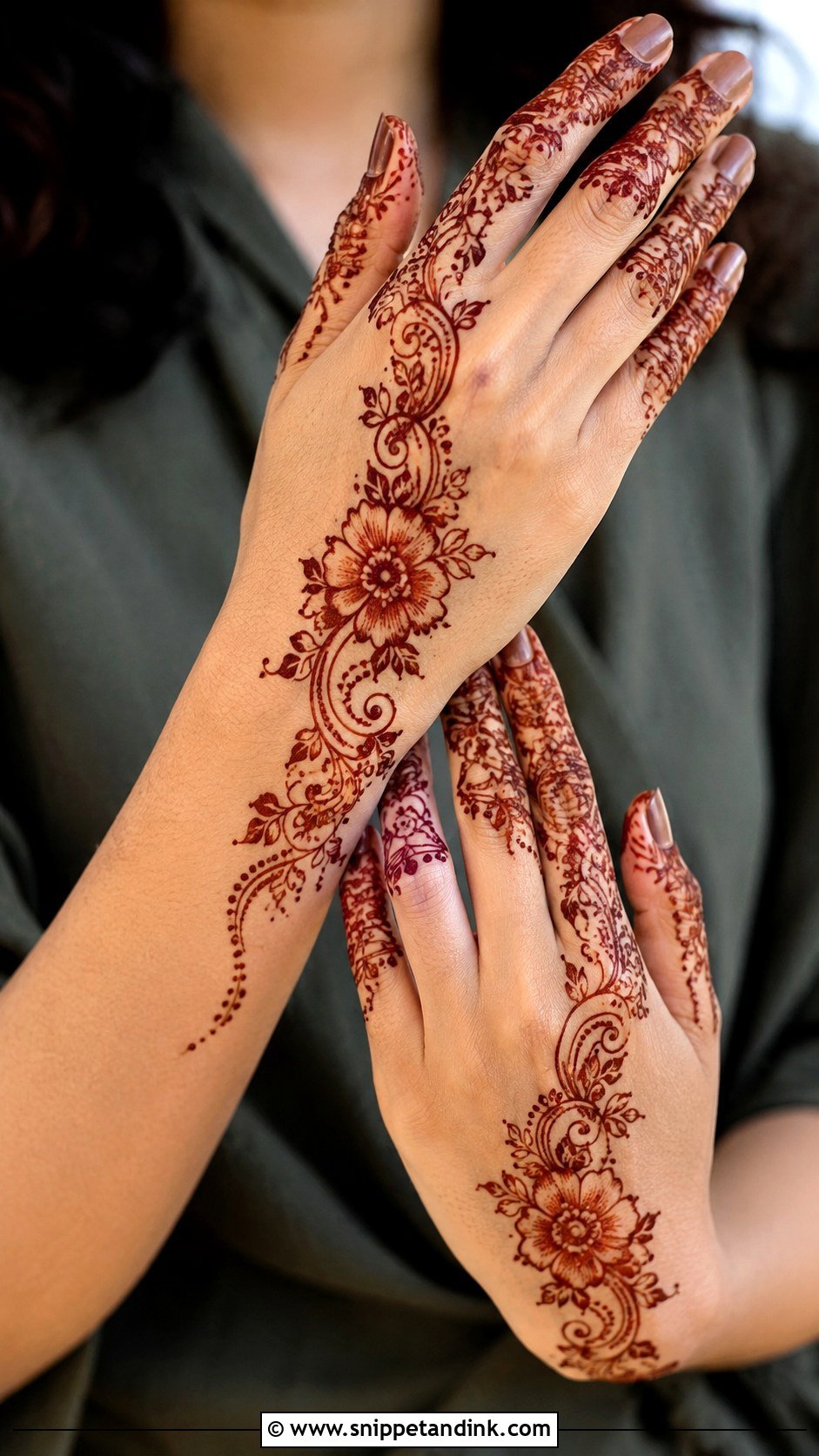Back Hand Mehndi Design With Floral Trail - Snippet and Ink - 35 Simple Back Hand Mehndi Designs
