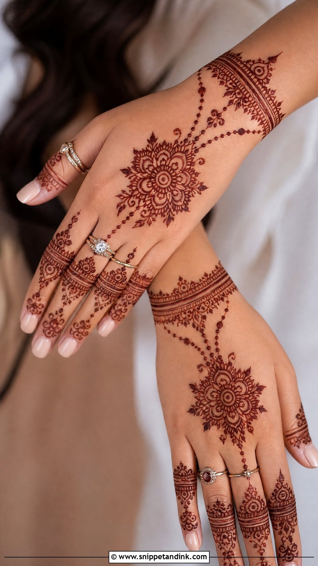 Back Hand Mehndi Design With Rings - Snippet and Ink - 35 Stylish Back Hand Mehndi Designs