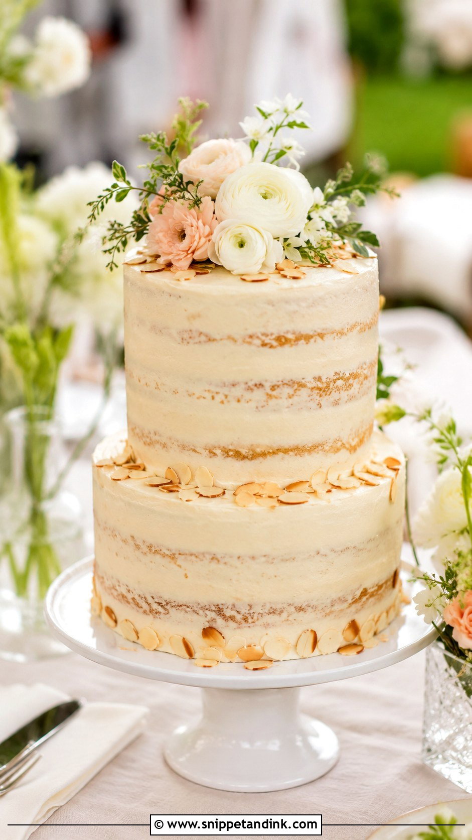 Barely Iced Almond Wedding Cake - Snippet and Ink - 20 Barely Iced Wedding Cake Ideas
