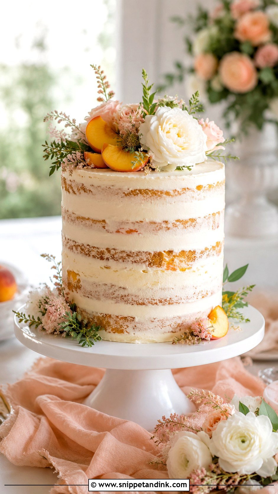 Barely Iced Peach Wedding Cake - Snippet and Ink - 20 Barely Iced Wedding Cake Ideas