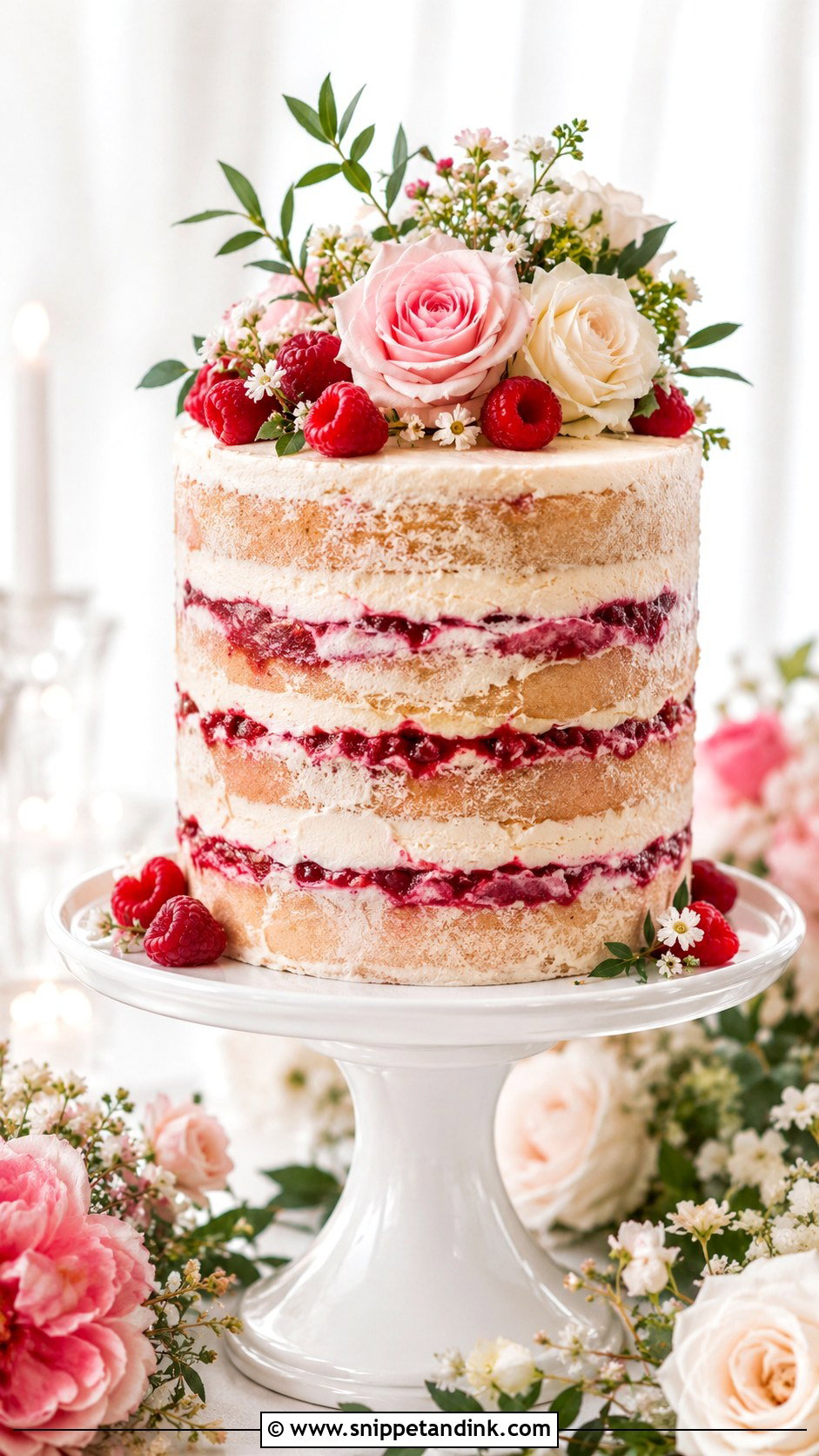 Barely Iced Raspberry Wedding Cake - Snippet and Ink - 20 Barely Iced Wedding Cake Ideas