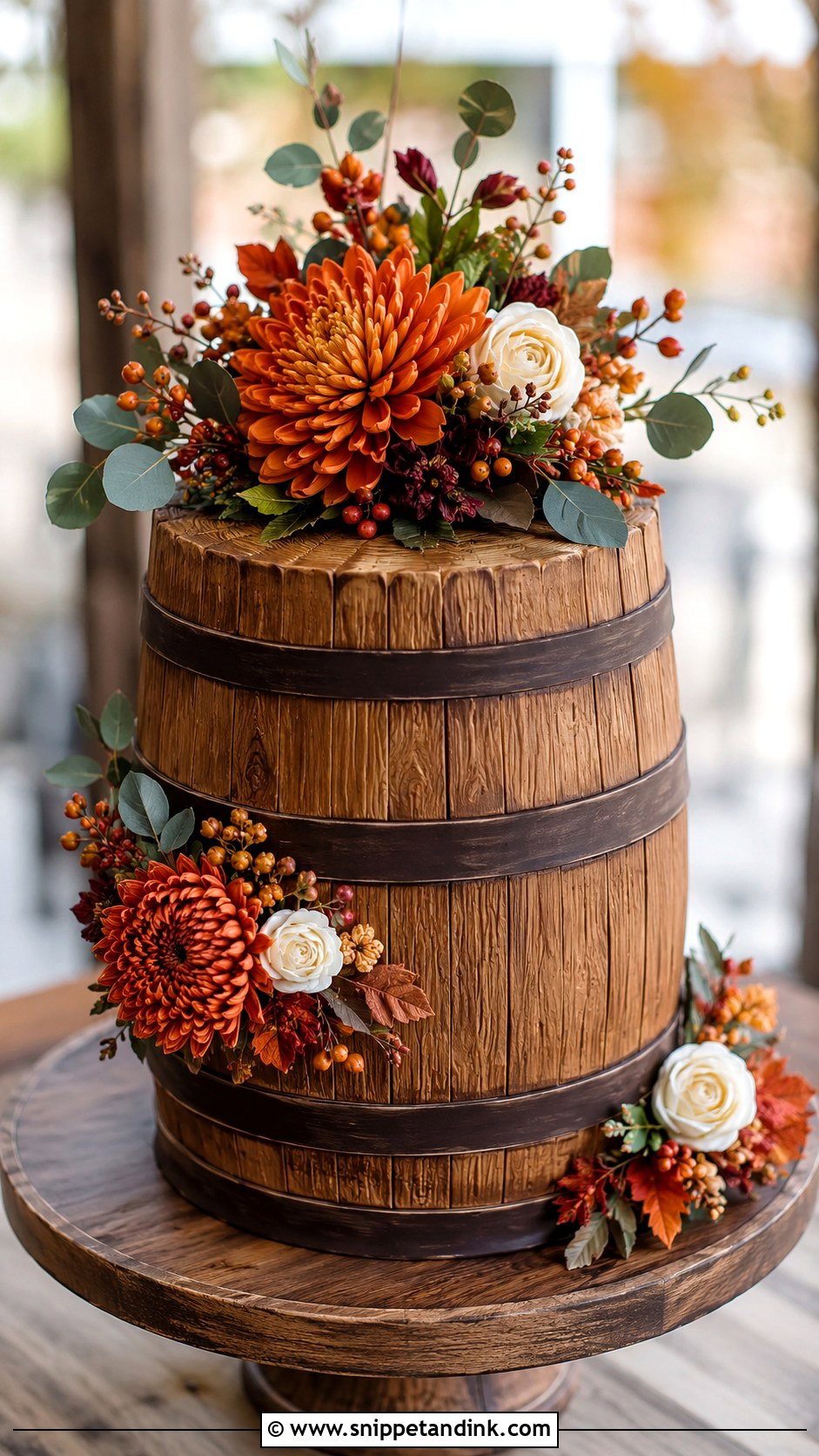 Barrel Wedding Cake With Autumn Flowers - Snippet and Ink - 20 Barrel Cake Design Ideas for Wedding