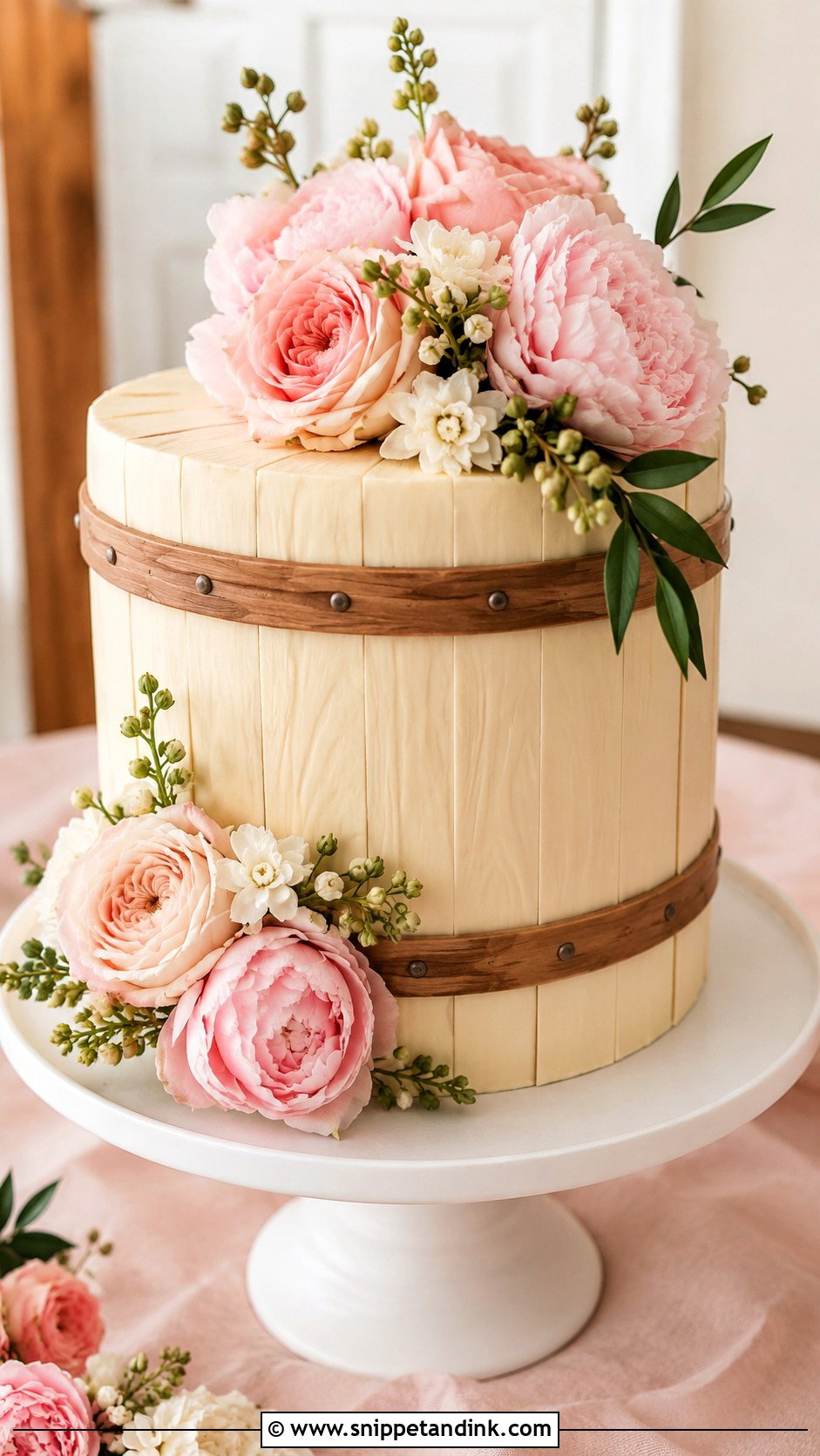 Barrel Wedding Cake With Blush Flowers - Snippet and Ink - 20 Barrel Cake Design Ideas for Wedding