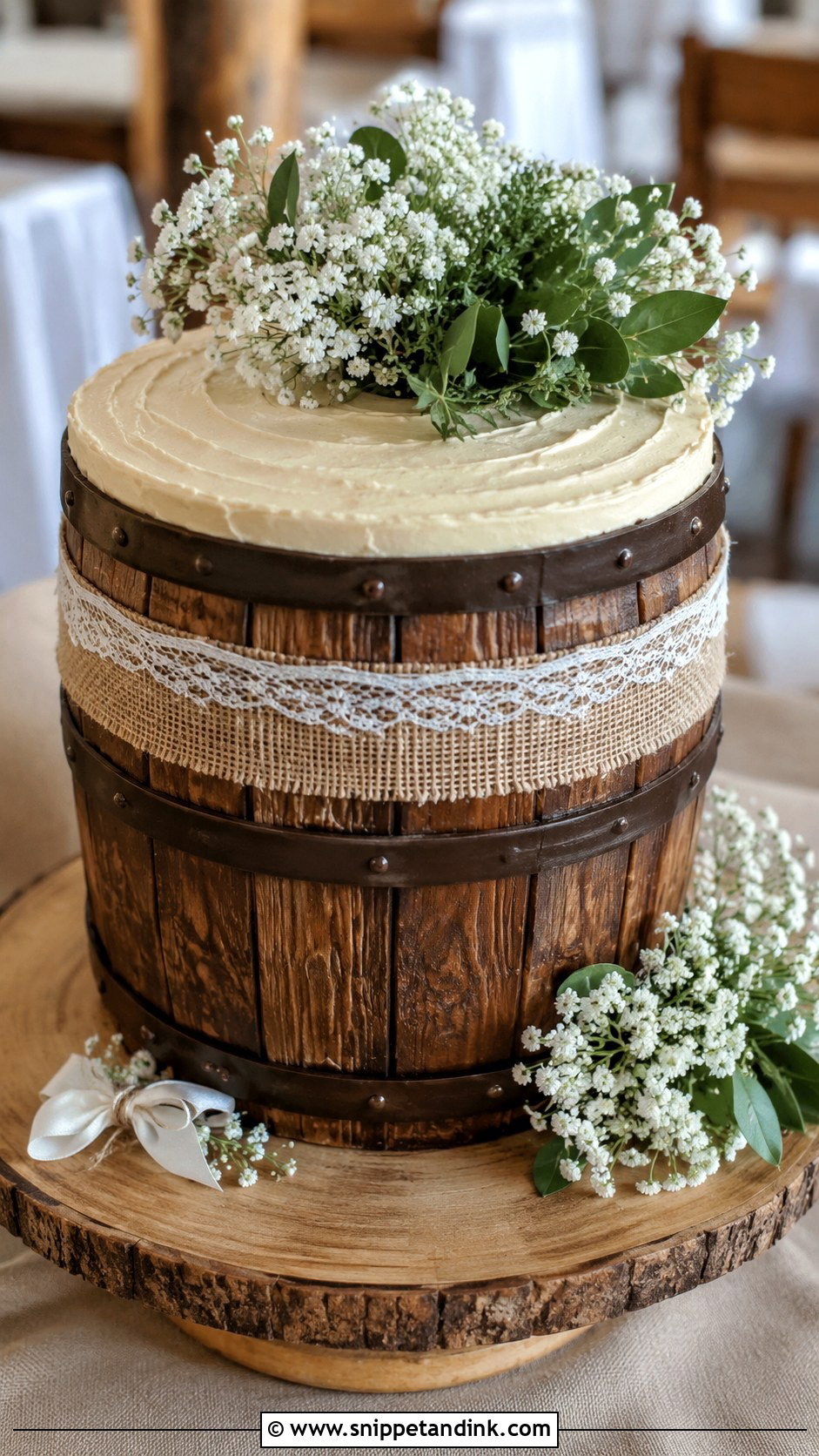 Barrel Wedding Cake With Burlap Ribbon - Snippet and Ink - 20 Barrel Cake Design Ideas for Wedding