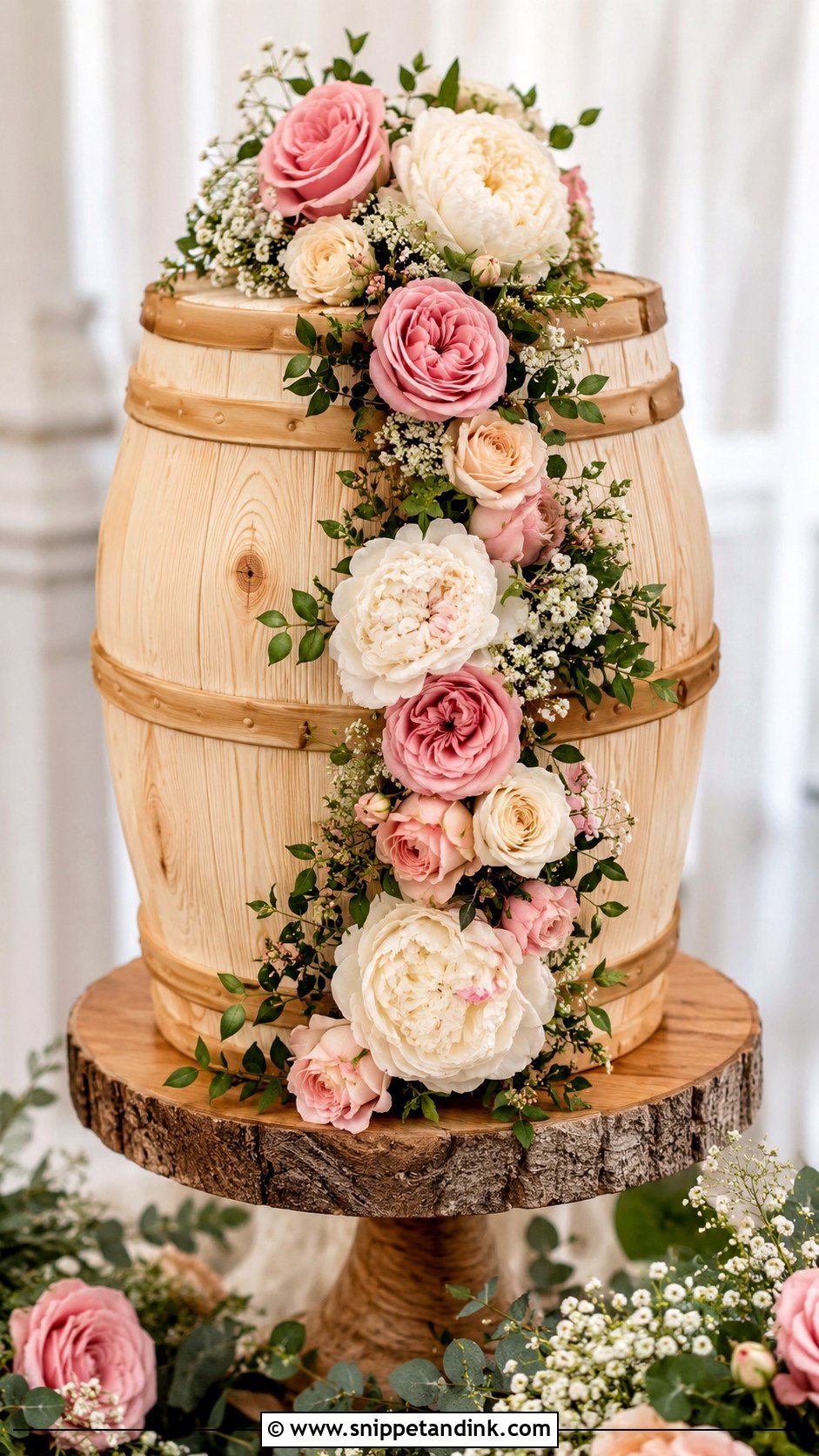 Barrel Wedding Cake With Floral Cascade - Snippet and Ink - 20 Barrel Cake Design Ideas for Wedding