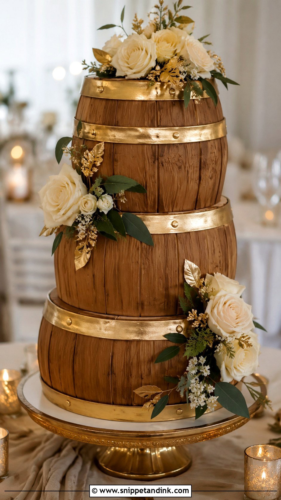 Barrel Wedding Cake With Gold Accents - Snippet and Ink - 20 Barrel Cake Design Ideas for Wedding