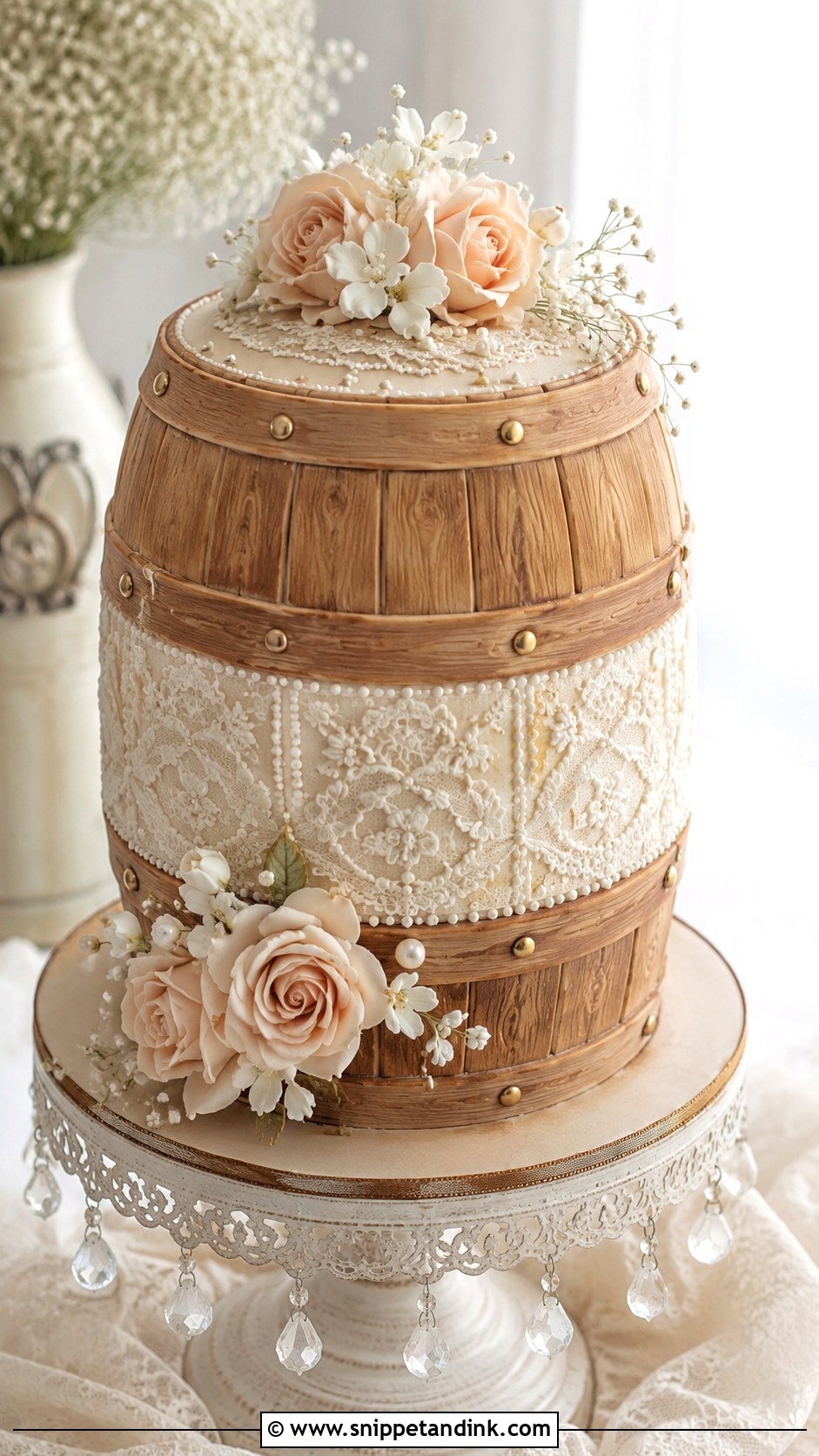 Barrel Wedding Cake With Lace - Snippet and Ink - 20 Barrel Cake Design Ideas for Wedding