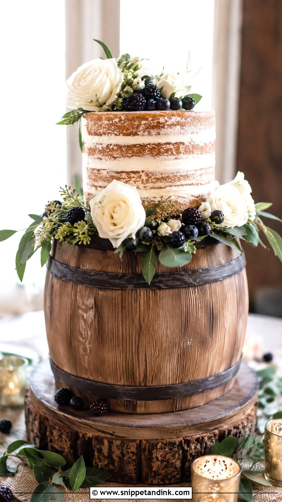 Barrel Wedding Cake With Naked Top Tier - Snippet and Ink - 20 Barrel Cake Design Ideas for Wedding