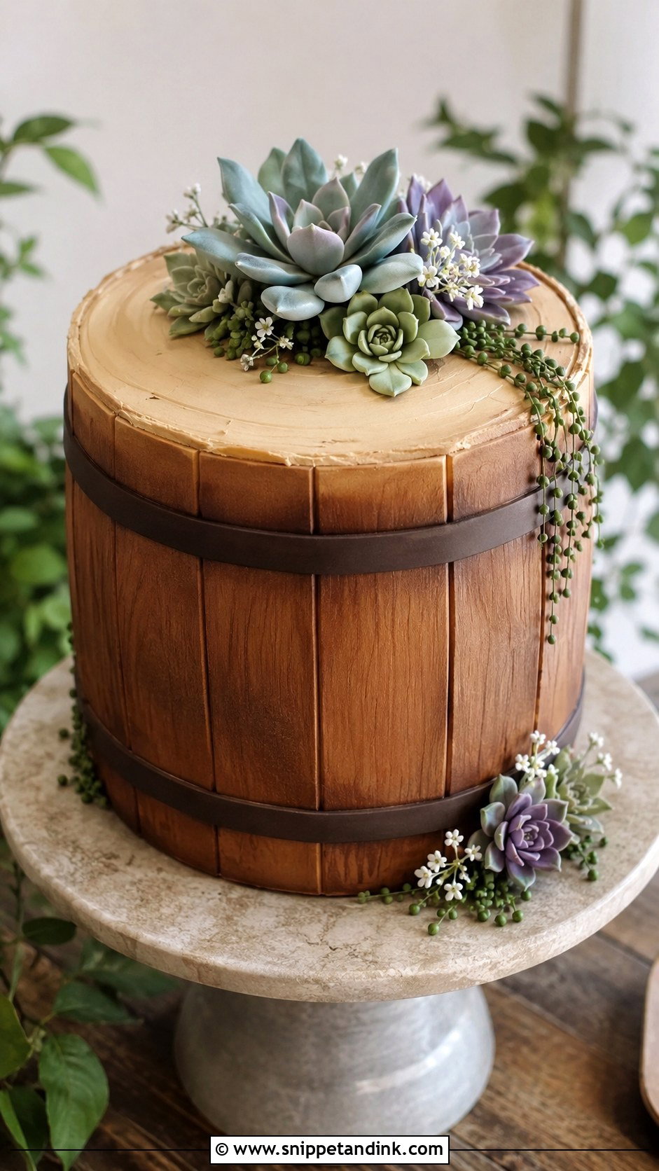 Barrel Wedding Cake With Succulents - Snippet and Ink - 20 Barrel Cake Design Ideas for Wedding
