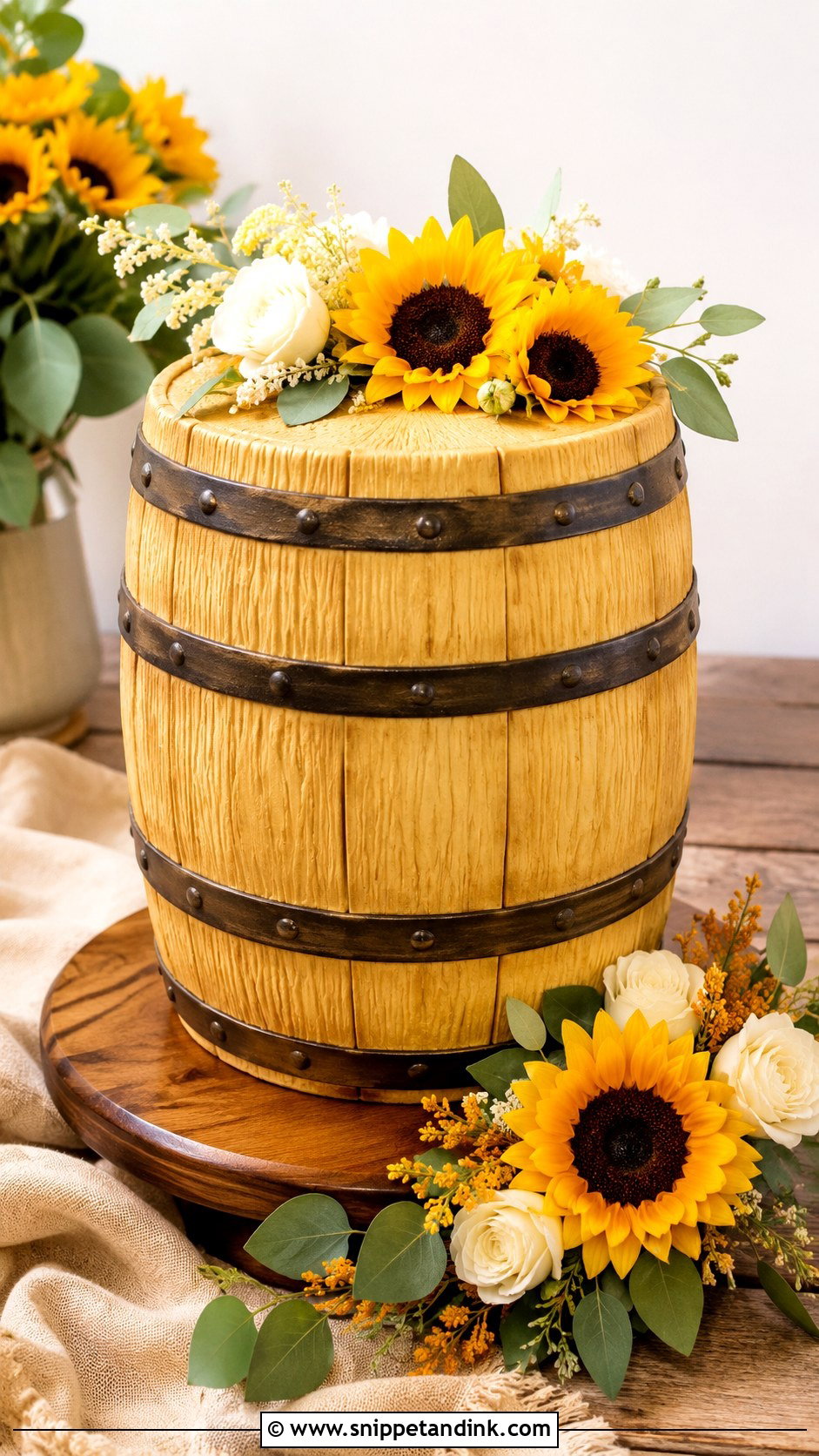Barrel Wedding Cake With Sunflowers - Snippet and Ink - 20 Barrel Cake Design Ideas for Wedding