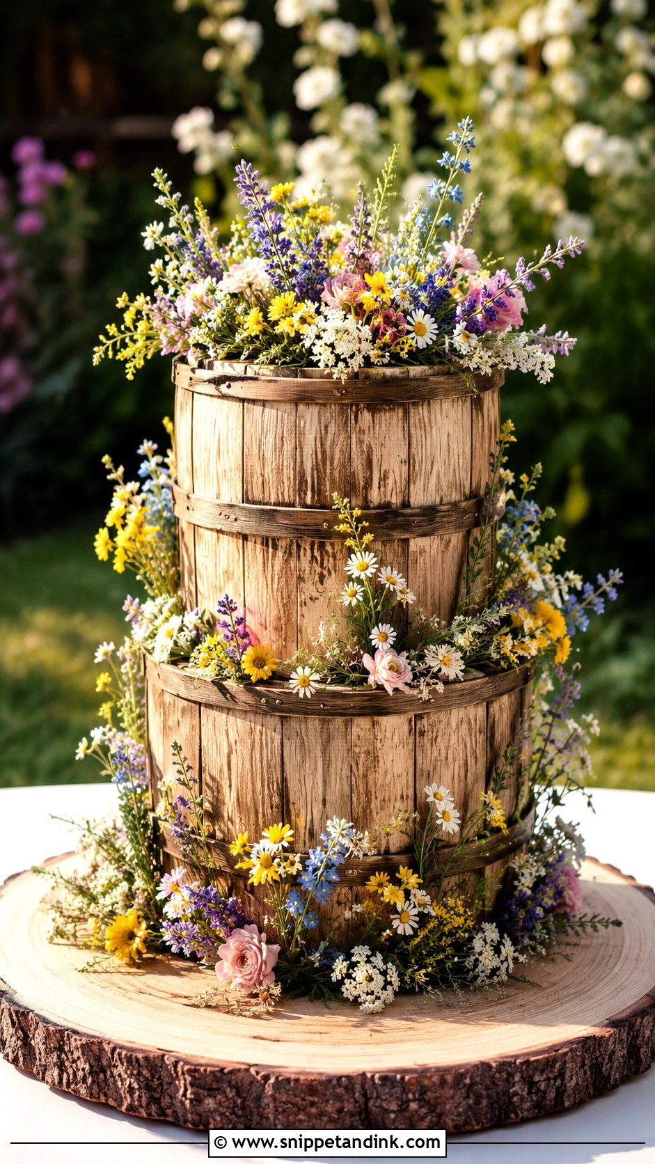 Barrel Wedding Cake With Wildflowers - Snippet and Ink - 20 Barrel Cake Design Ideas for Wedding