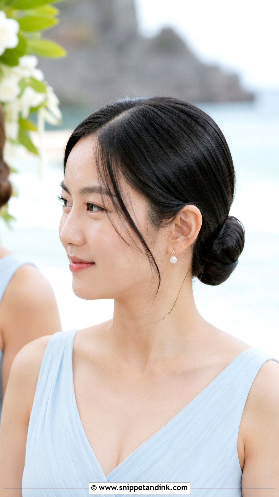 Beach Bridesmaid Sleek Bun - Snippet and Ink - 20 Beach Bridesmaid Hair Ideas