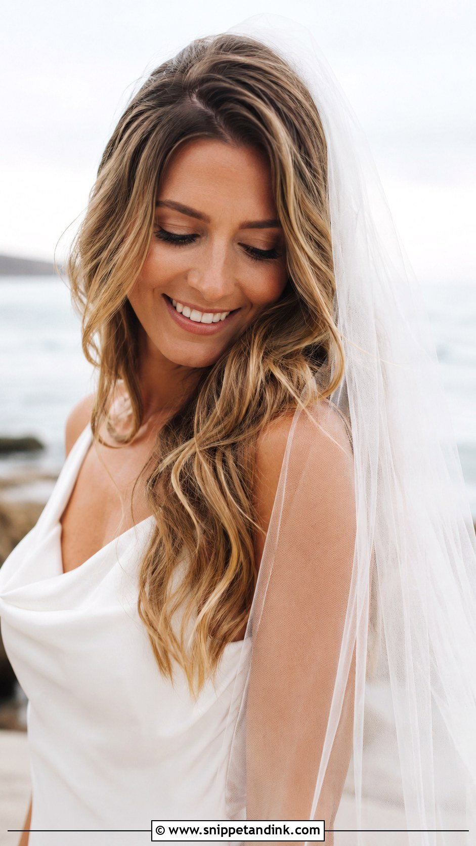 Beach Waves With Fingertip Veil - Snippet and Ink - 25 Hair Down with Veil Ideas