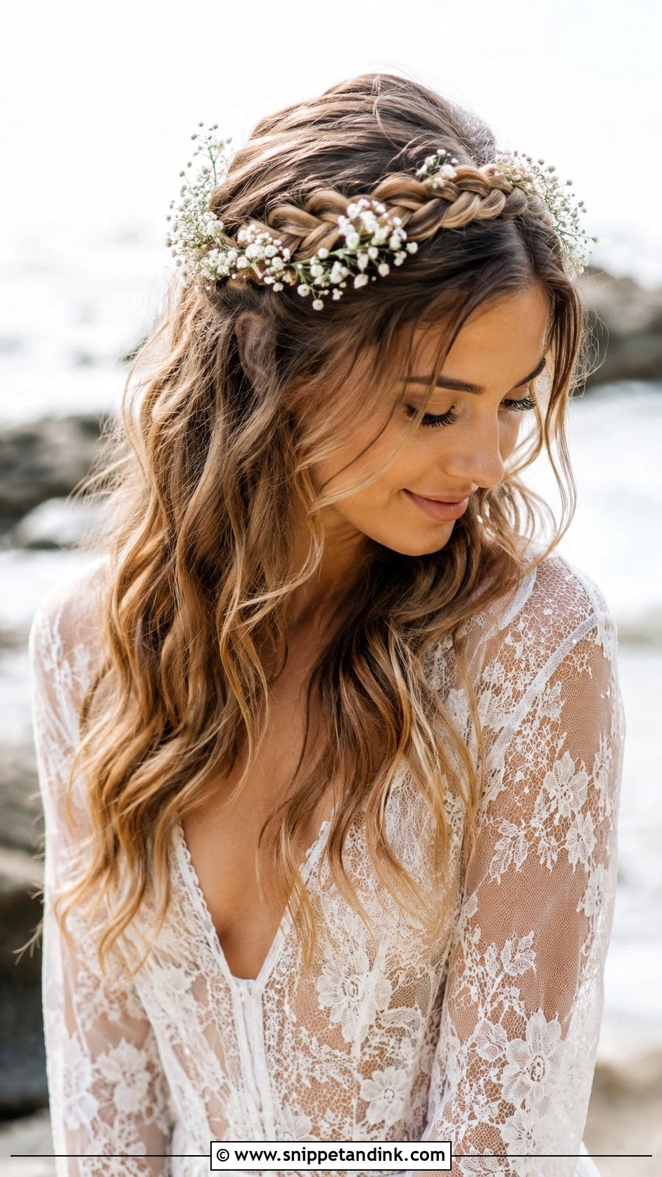 Beach Waves With Halo Braid for Wedding - Snippet and Ink - 20 Beach Waves Hairstyles for Wedding