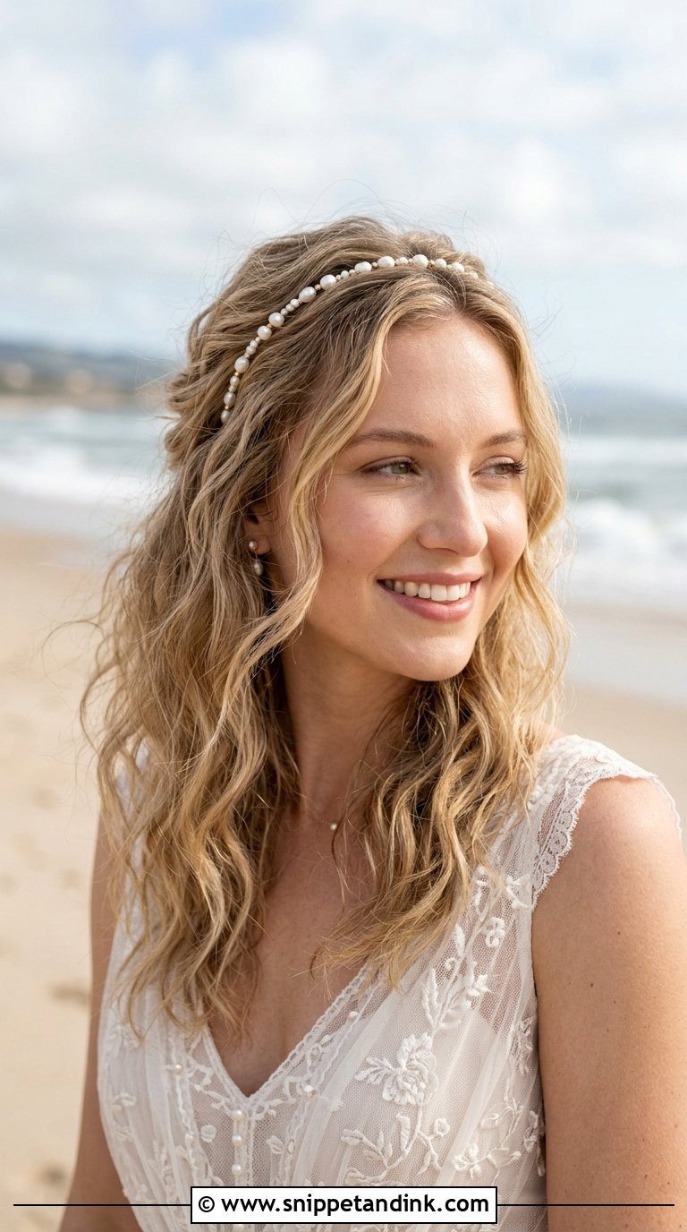 Beach Waves With Thin Pearl Headband - Snippet and Ink - 20 Bridal Hair with Headband Ideas