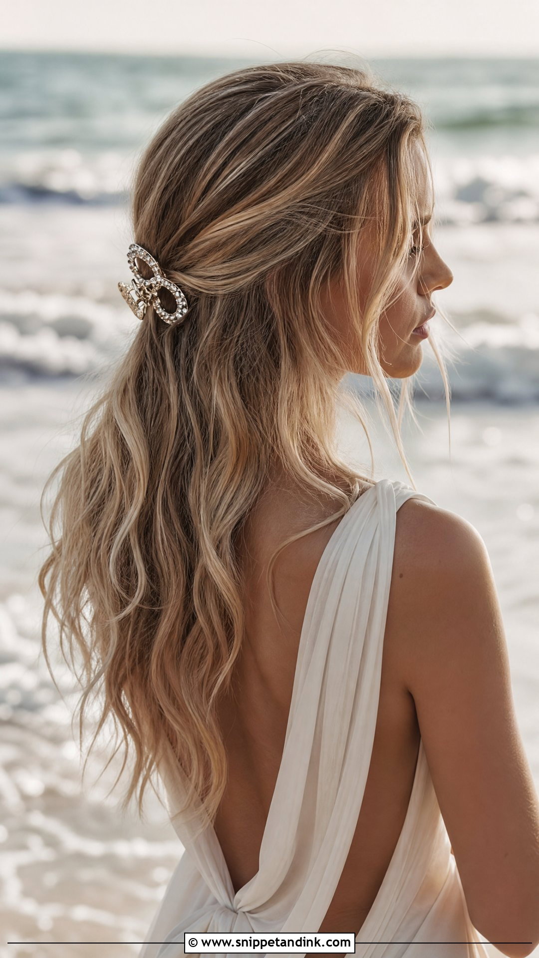 Beach Waves With a Sparkly Hair Clip - Snippet and Ink - 20 Medium Length Wedding Hair All Down Ideas