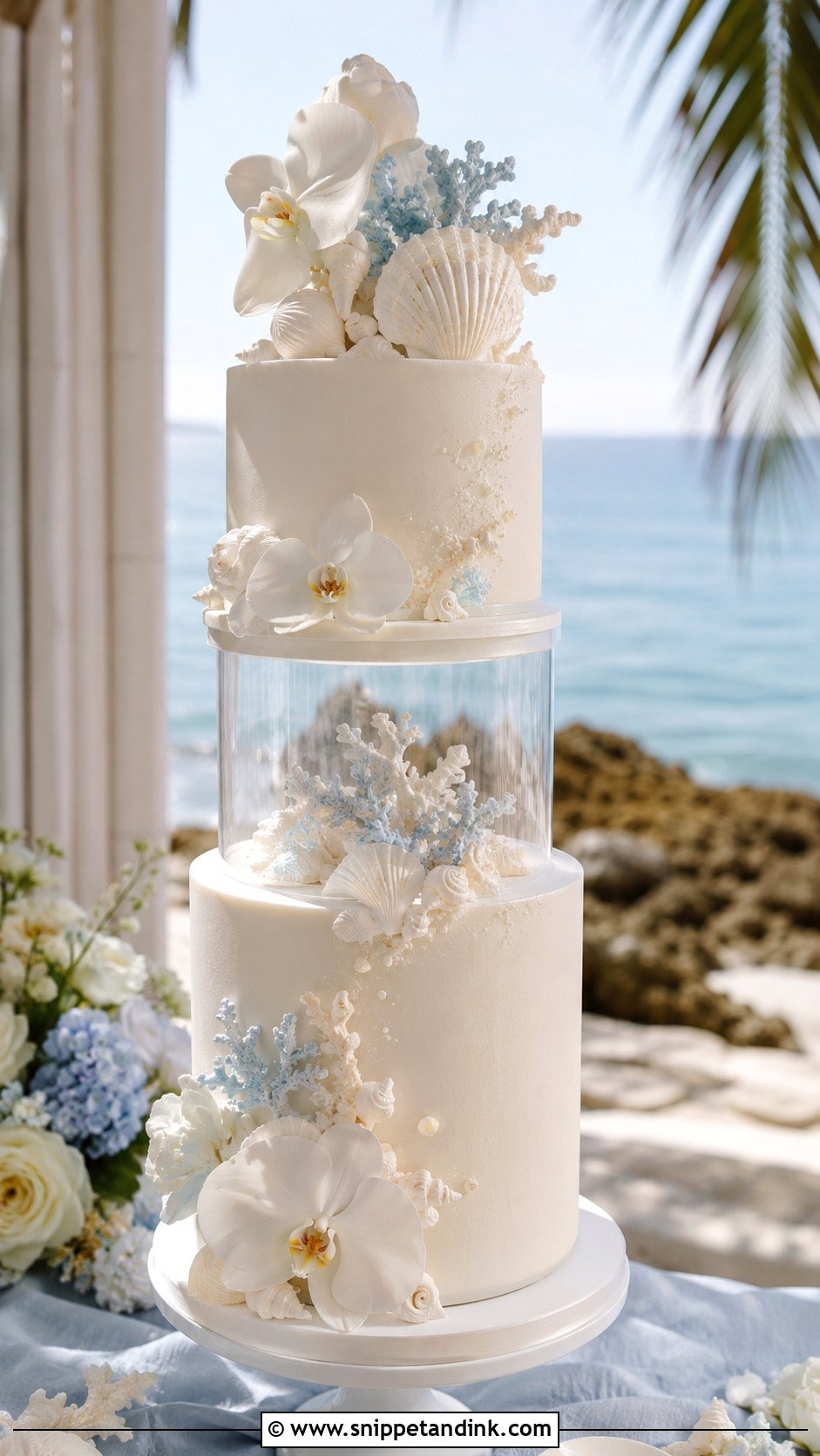 Beach Wedding Cake With Acrylic Separator - Snippet and Ink - 20 Wedding Cake Acrylic Separator Ideas