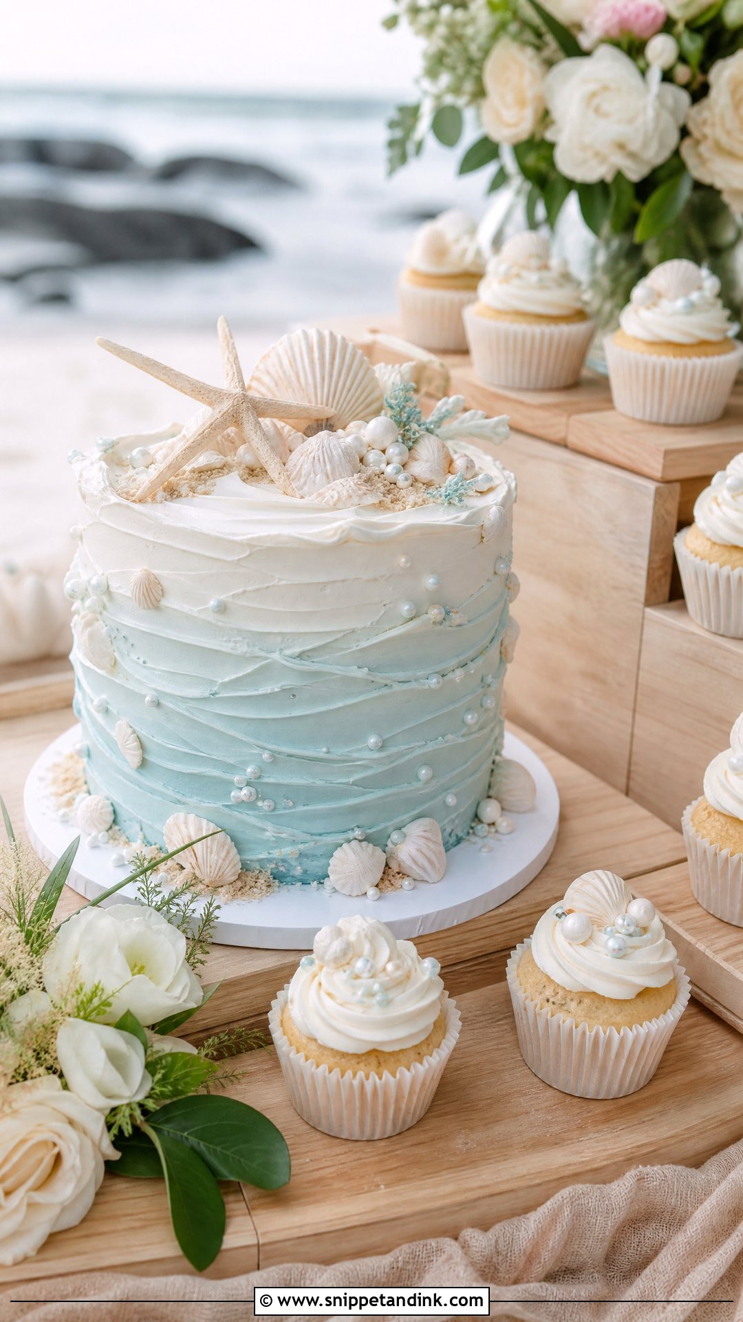 Beach Wedding Cake With Cupcakes - Snippet and Ink - 20 Wedding Cake with Cupcakes