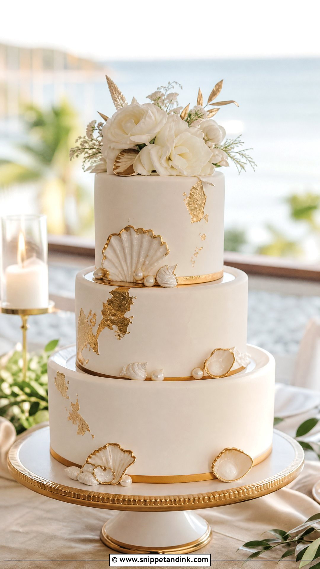 Beach Wedding Cake With Gold Accents - Snippet and Ink - 30 Beach Theme Cake Ideas for Wedding