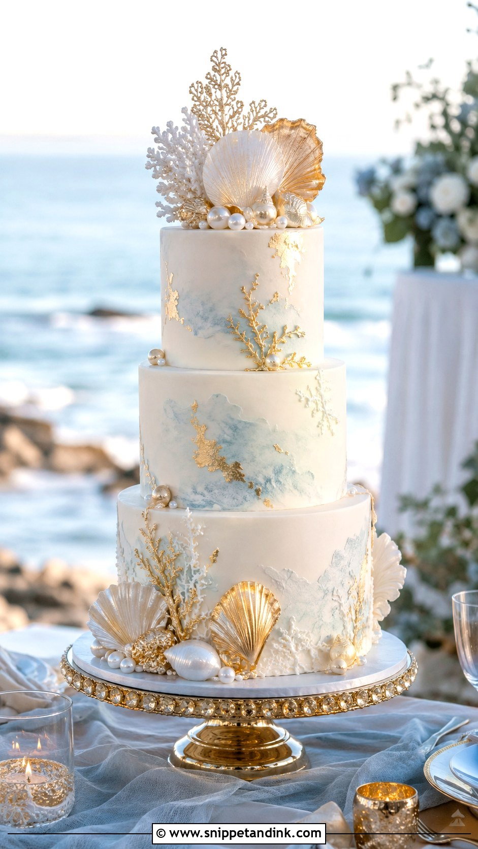 Beach Wedding Cake With Gold Accents - Snippet and Ink - 20 Beach Wedding Cake Ideas