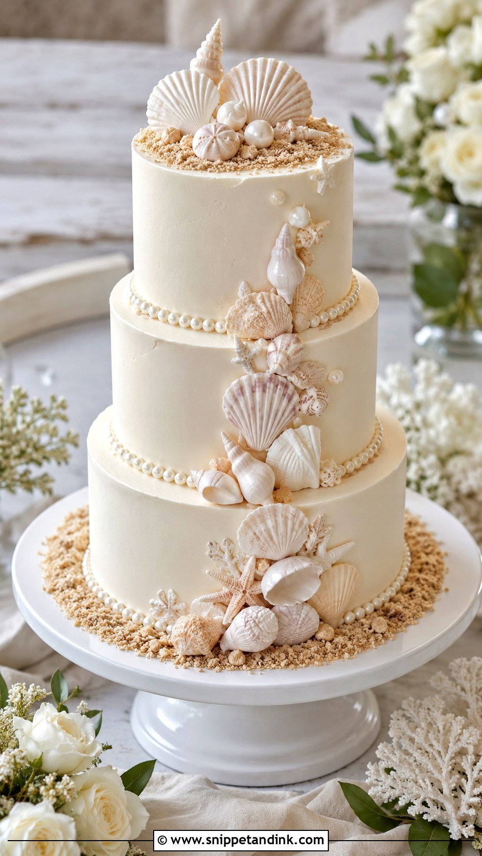 Beach Wedding Cake With Seashells - Snippet and Ink - 20 Beach Wedding Cake Ideas