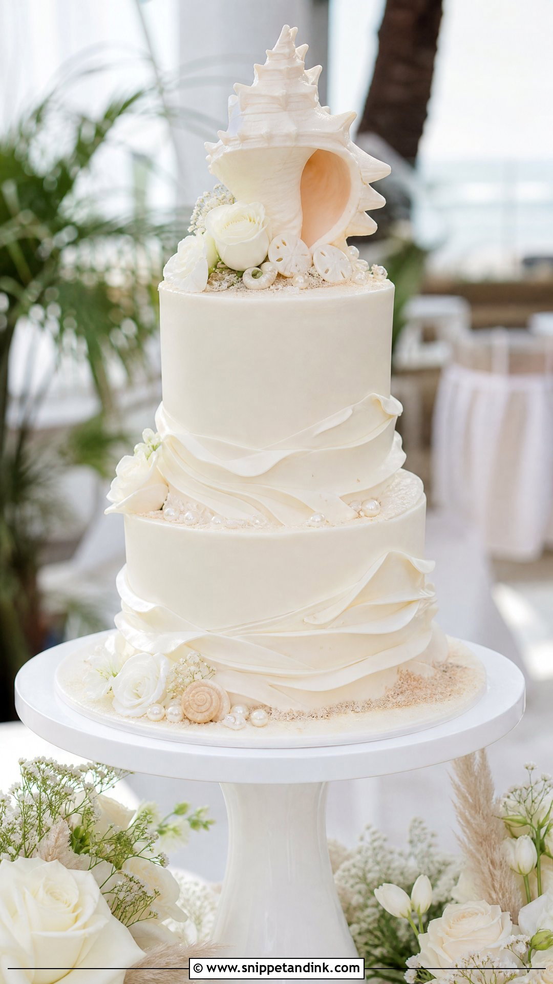 Beach Wedding Cake With Sugar Shell Topper - Snippet and Ink - 30 Beach Theme Cake Ideas for Wedding