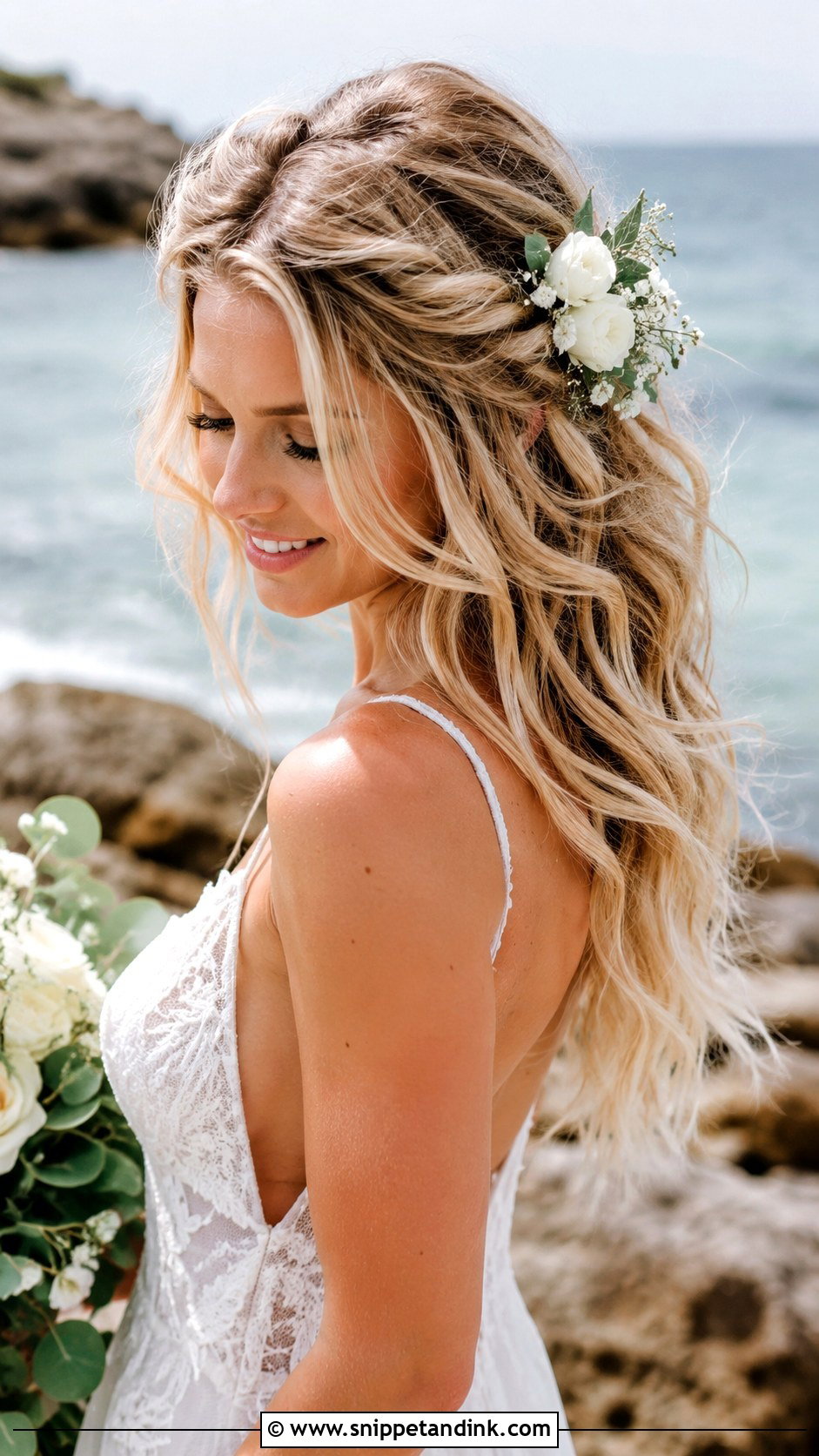 Beachy Waves With Side Flowers - Snippet and Ink - 25 Natural Wedding Hairstyles