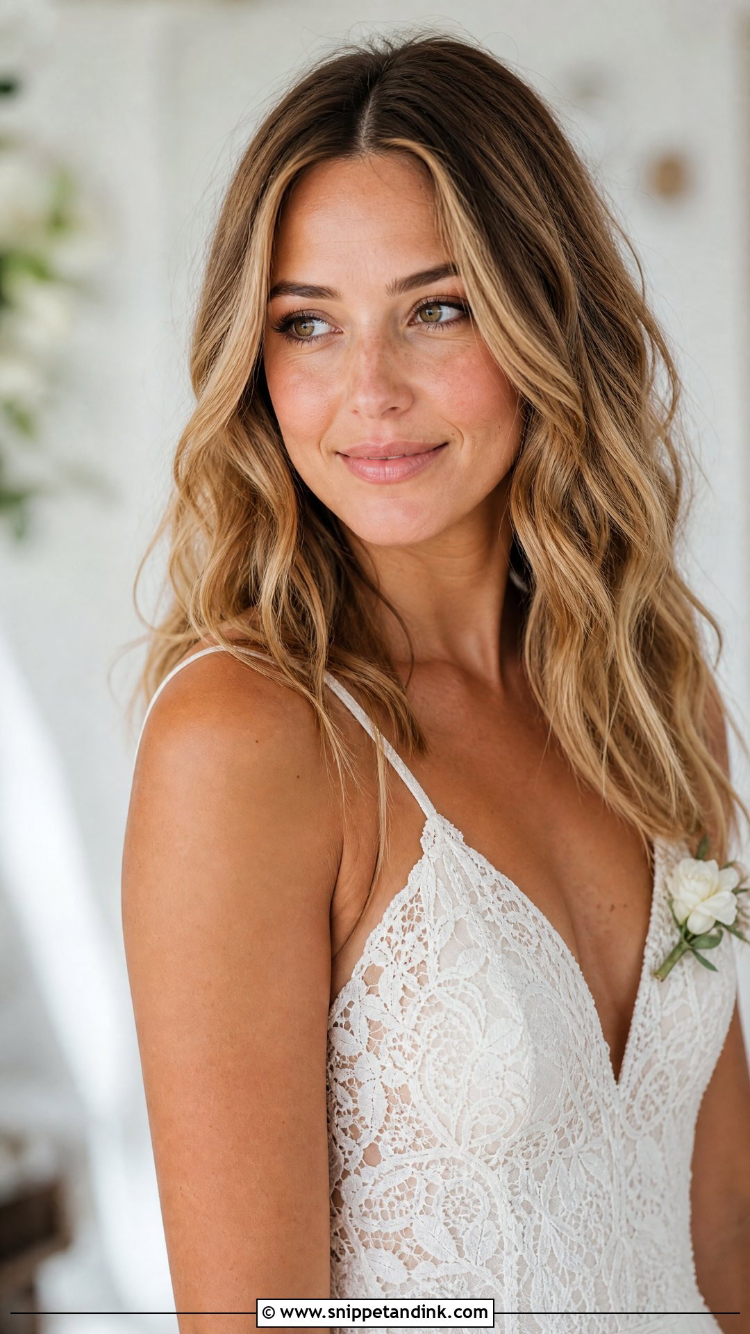 Beachy Waves With a Middle Part - Snippet and Ink - 20 Medium Length Wedding Hair All Down Ideas