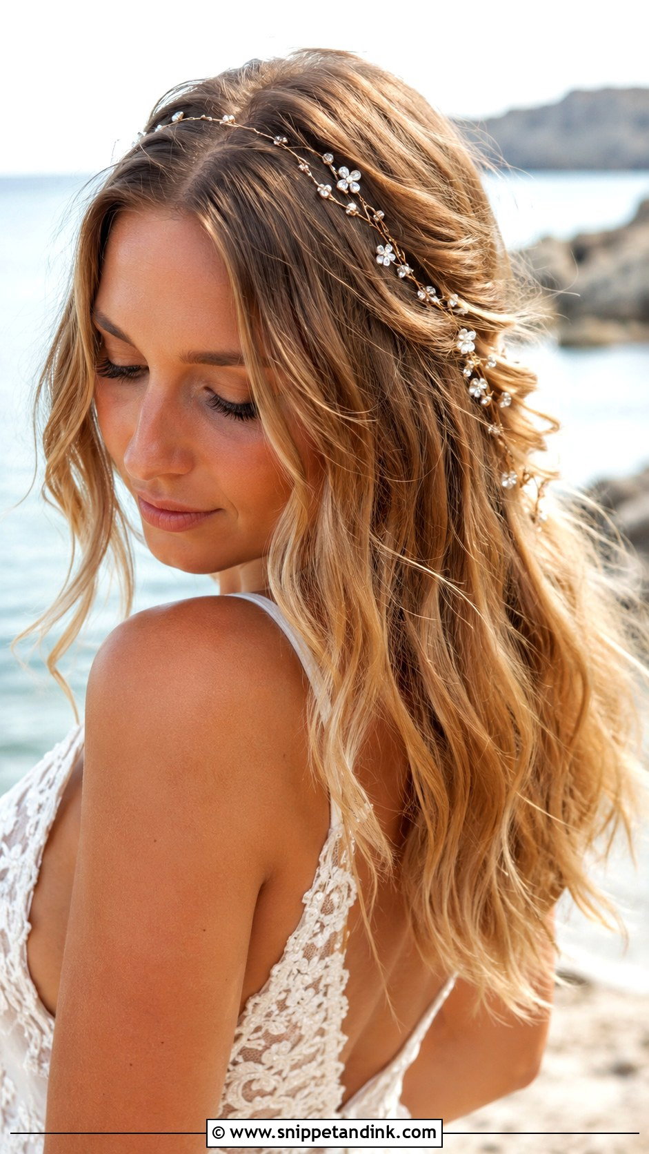 Beachy Waves with a Delicate Hair Vine - Snippet and Ink - 25 Wavy Bridal Hair Ideas