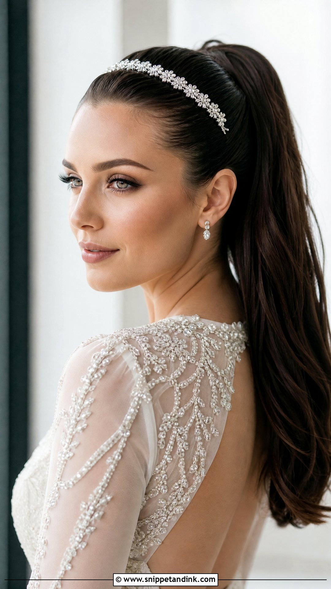 Beaded Headband With Sleek Ponytail - Snippet and Ink - 20 Bridal Hair Headband Ideas