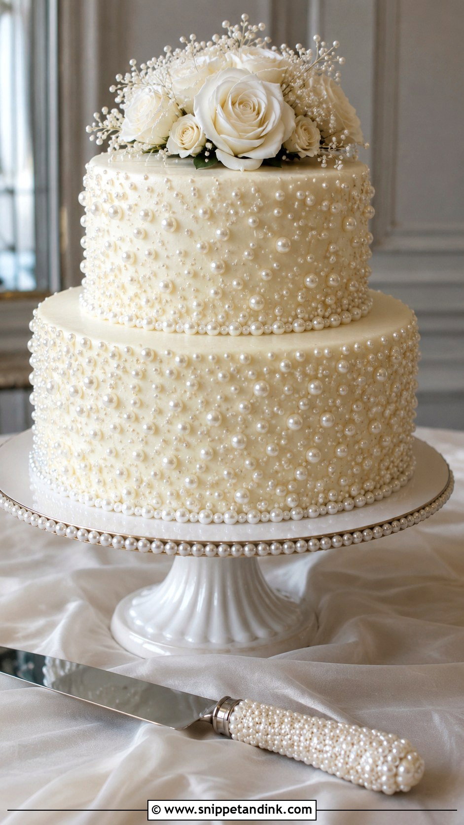 Beaded Wedding Cake Knife With Pearl Cake - Snippet and Ink - 30 Wedding Cake Knife Decoration Ideas