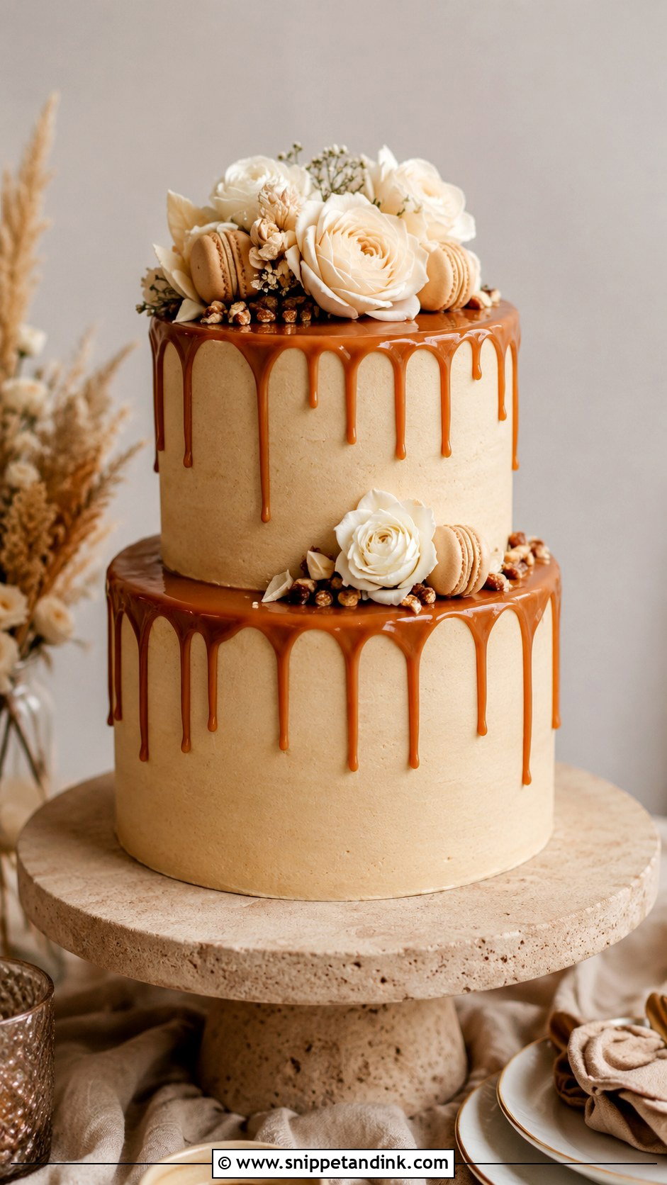 Beige Wedding Cake With Caramel Drip - Snippet and Ink - 20 Simple Beige Wedding Cake Ideas