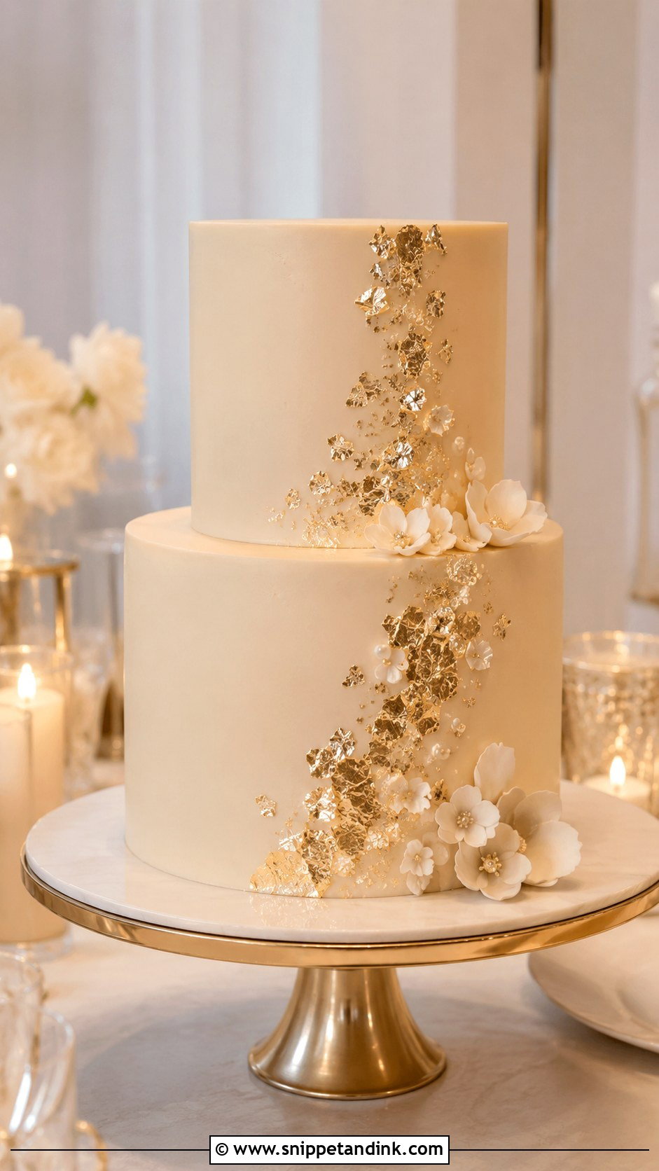 Beige Wedding Cake With Gold Leaf - Snippet and Ink - 20 Simple Beige Wedding Cake Ideas