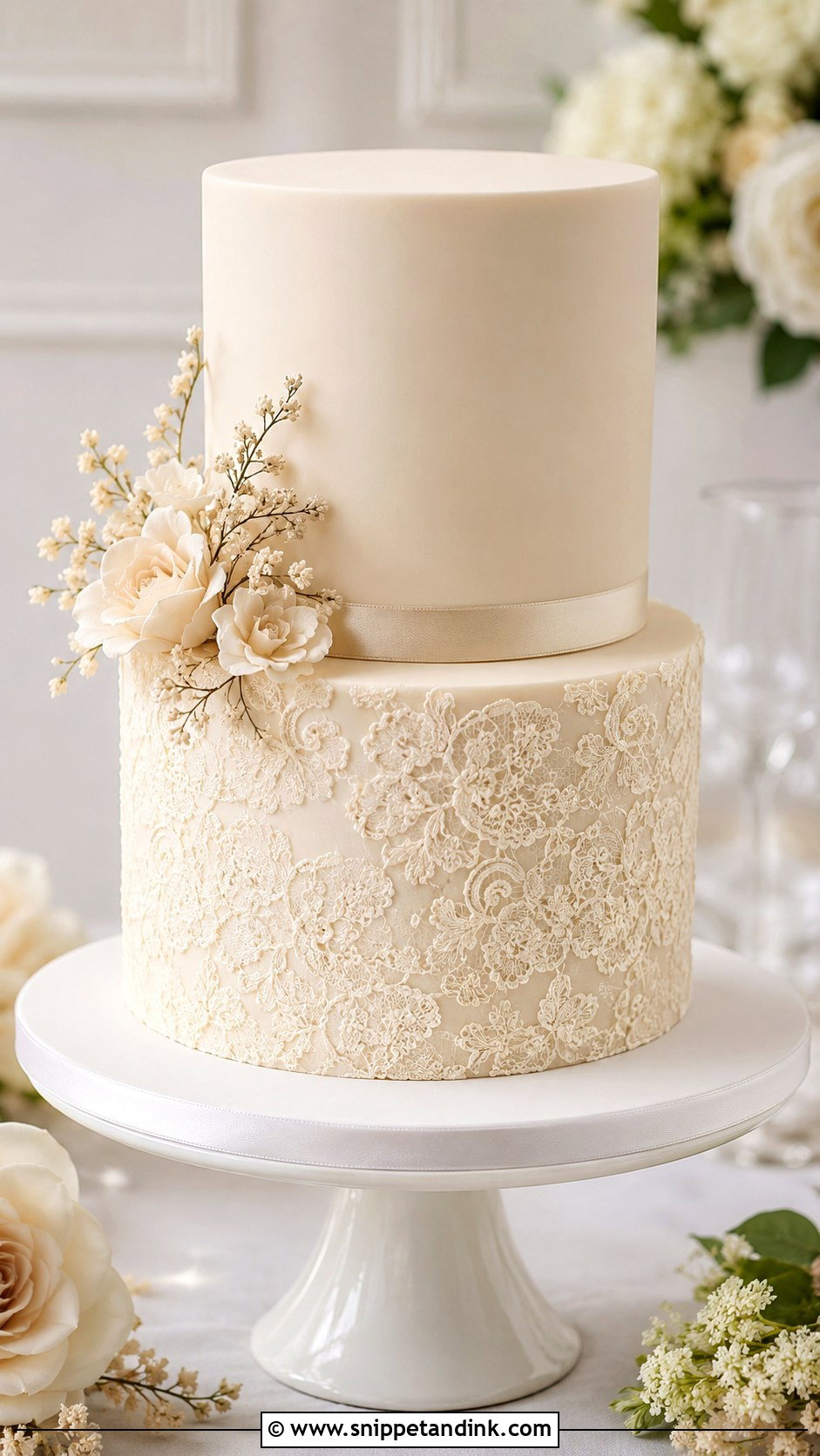 Beige Wedding Cake With Lace Texture - Snippet and Ink - 20 Simple Beige Wedding Cake Ideas